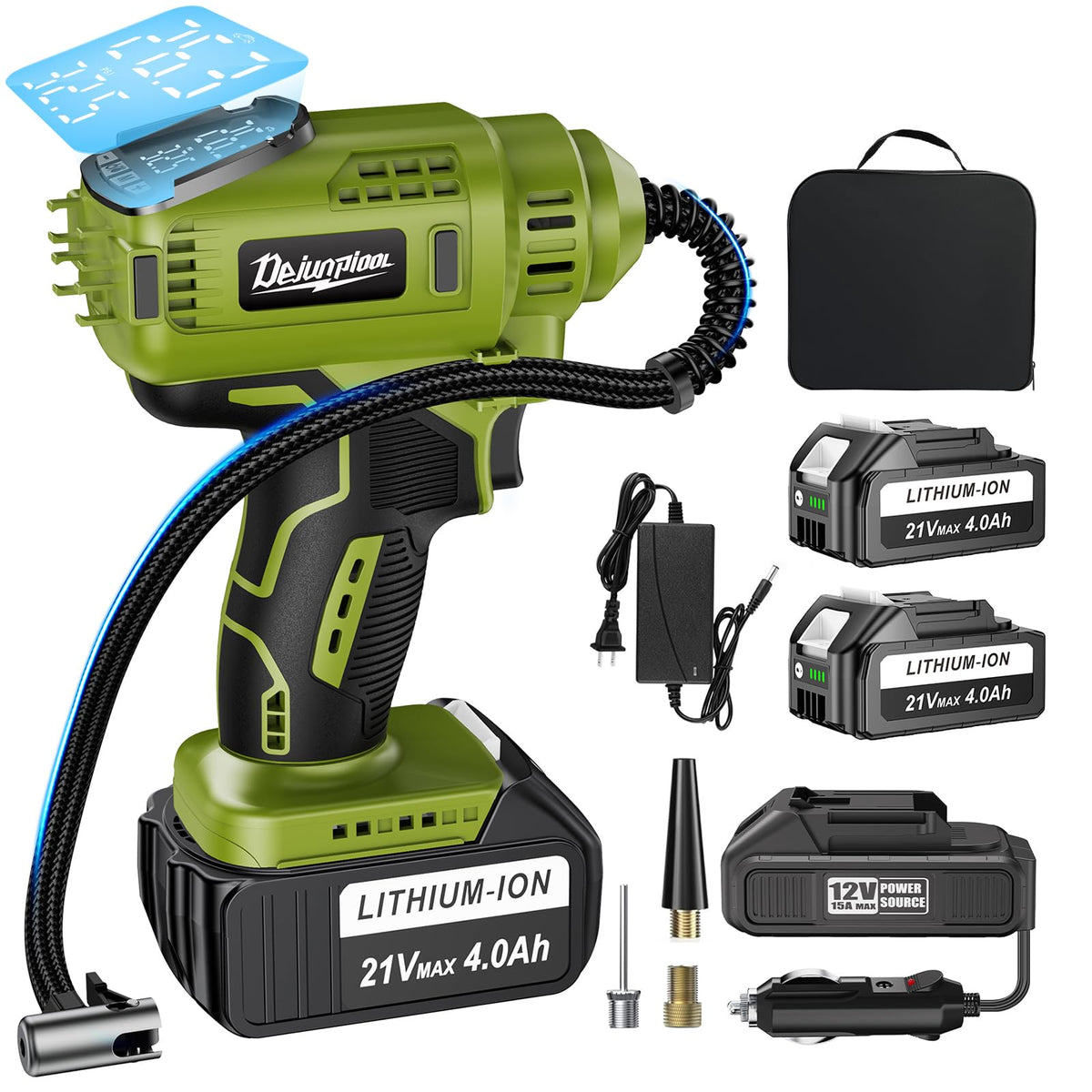 DEJUNPIOOL inflator front view showing compact portable design and fast inflation