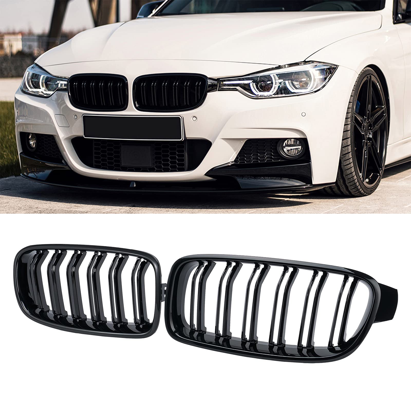 DEKEWEI front view gloss-black F30 grille showing aggressive styling and improved appearance