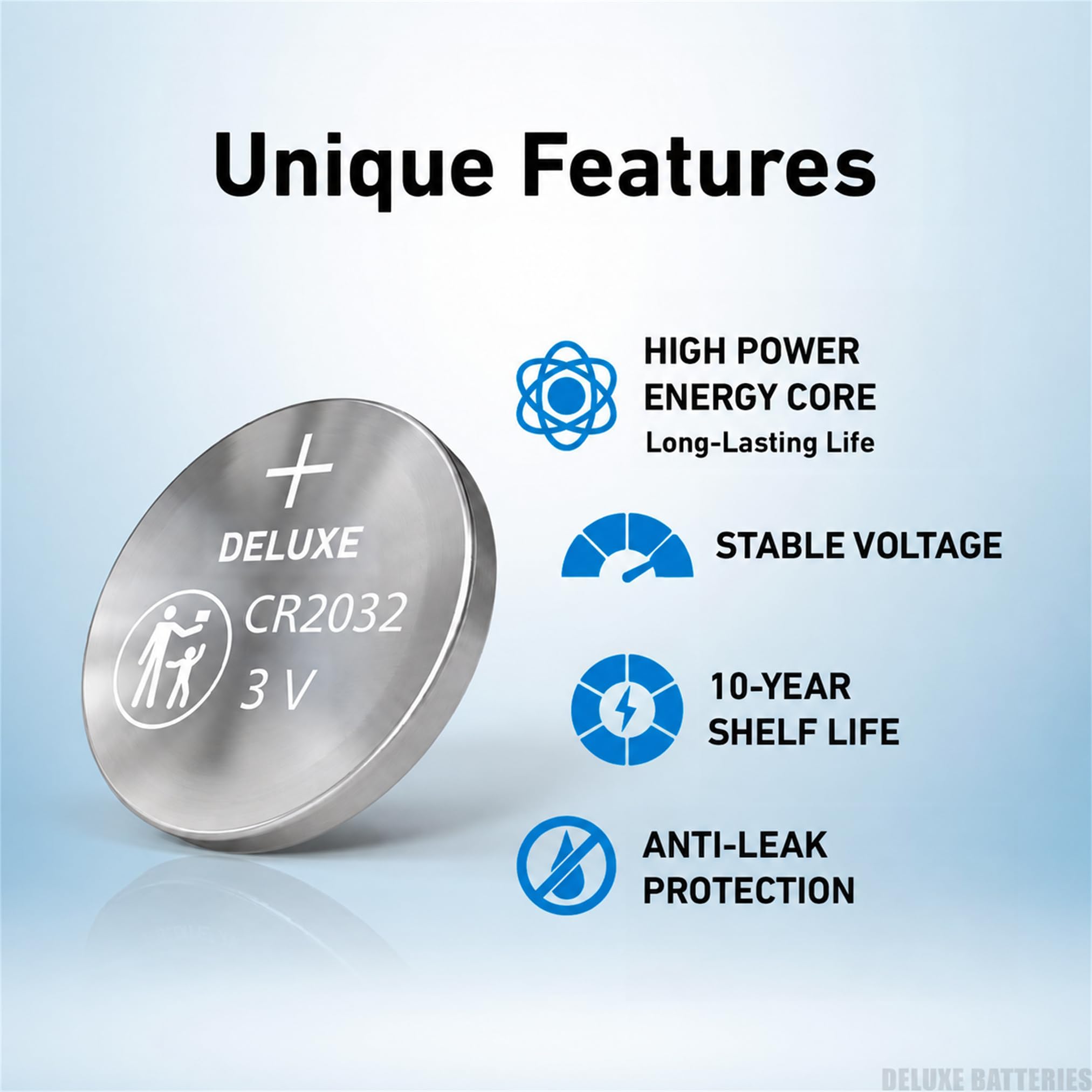 Hand holding Deluxe Batteries CR2032 beside coin for scale — shows compact size and portability