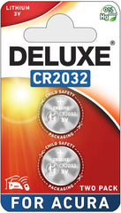 Deluxe Batteries front packaging showing two CR2032 cells and Acura compatibility — clear identification for buyers