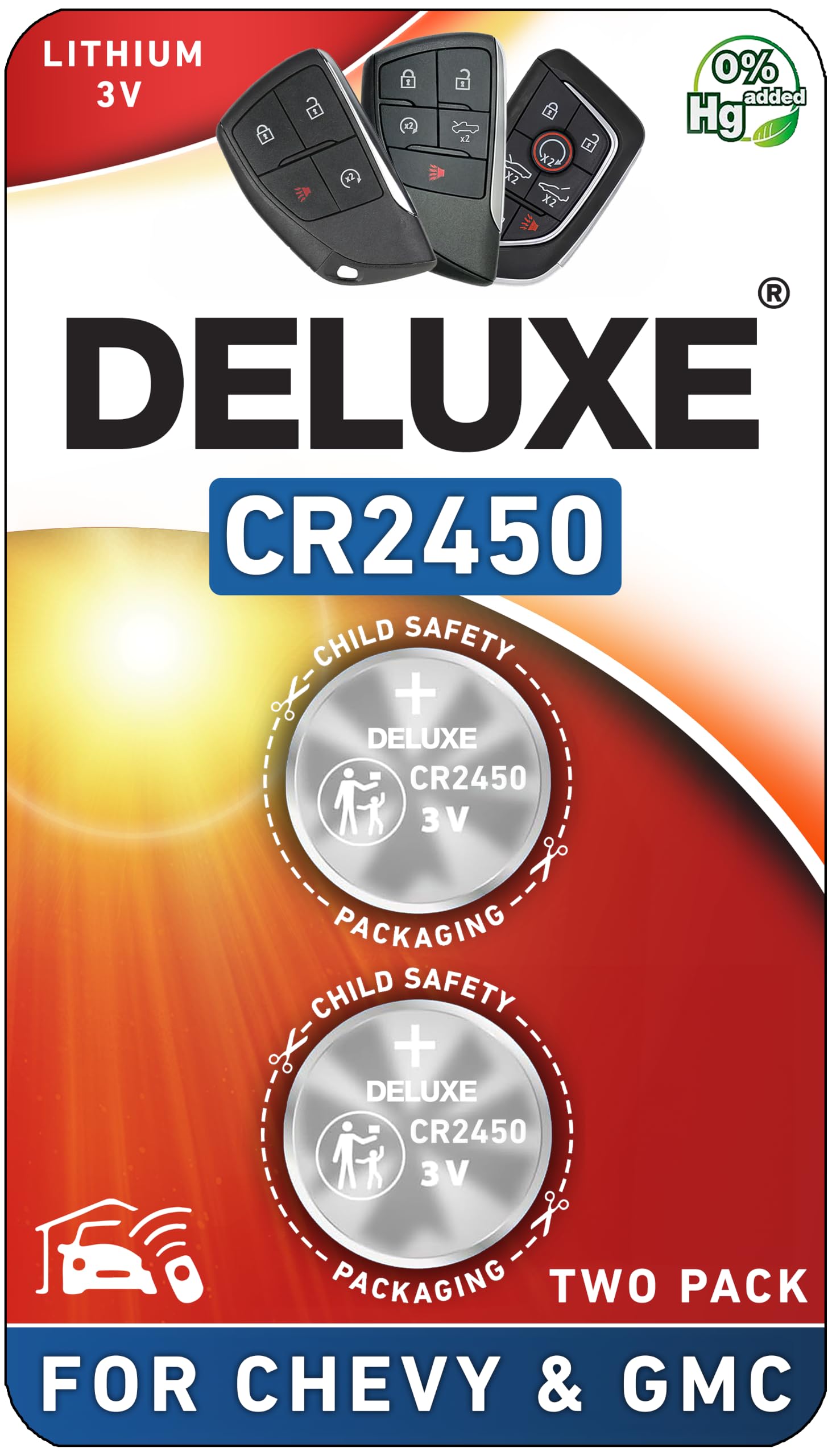 Deluxe Batteries front packaging showing CR2450 2-pack and clear labeling for easy purchase