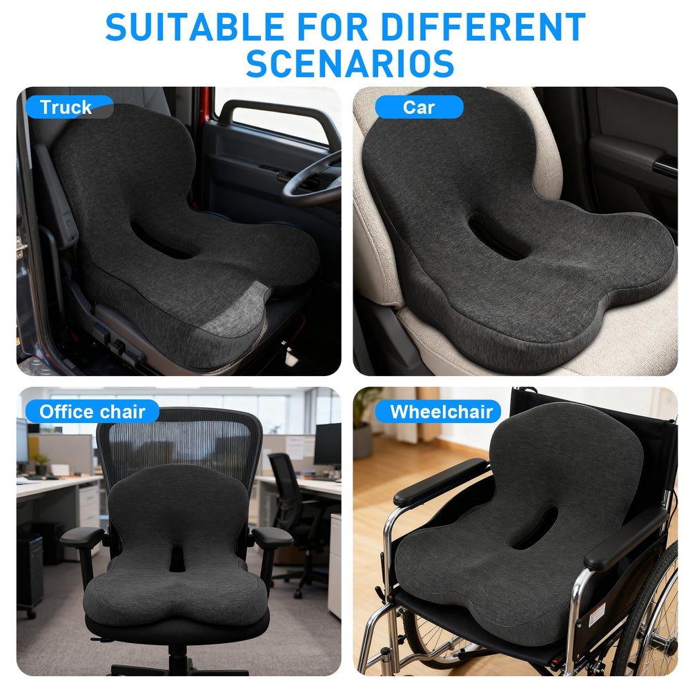 Denchy cushion on office chair showing all-day seating support benefit