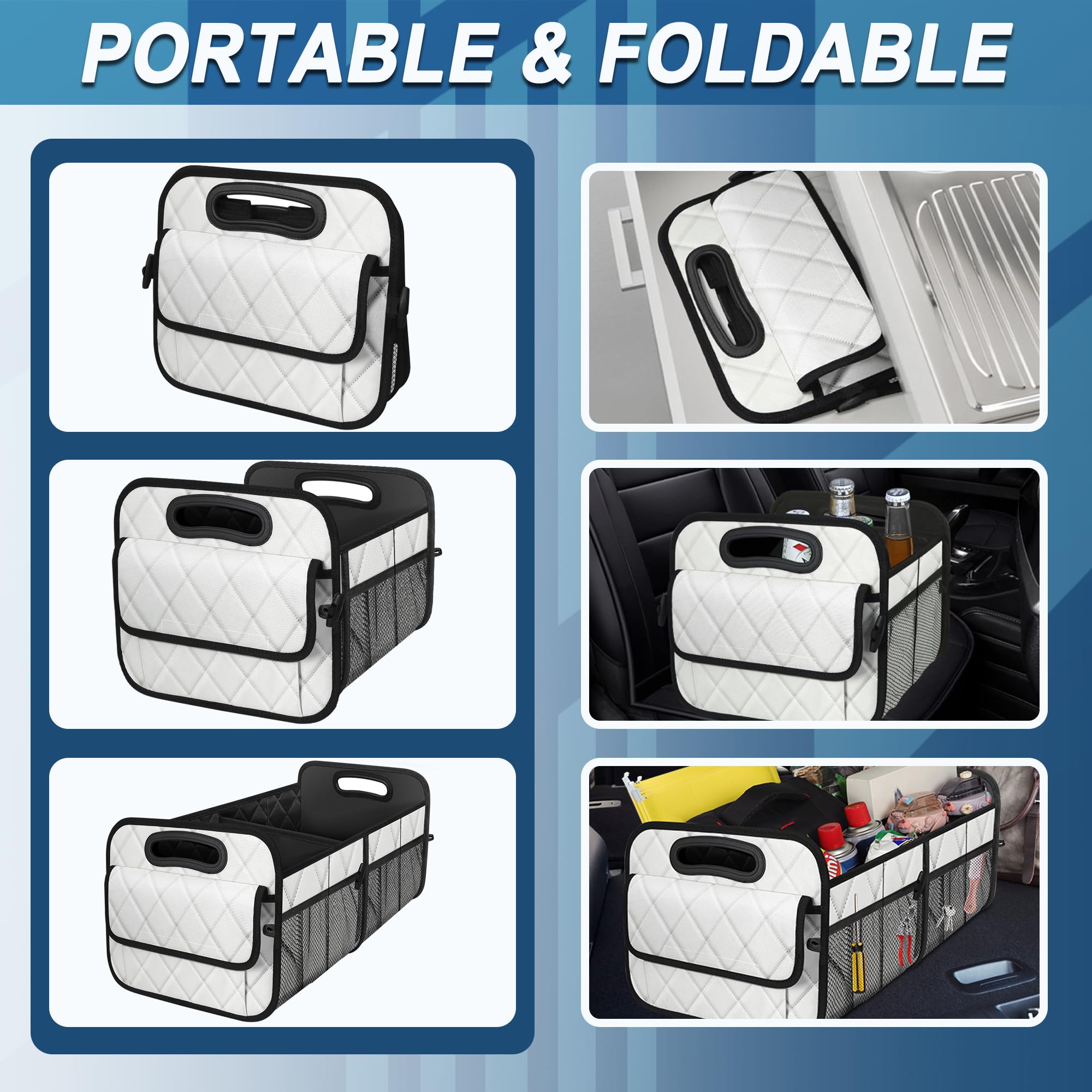 Deosk filled with groceries in SUV trunk keeping items organized