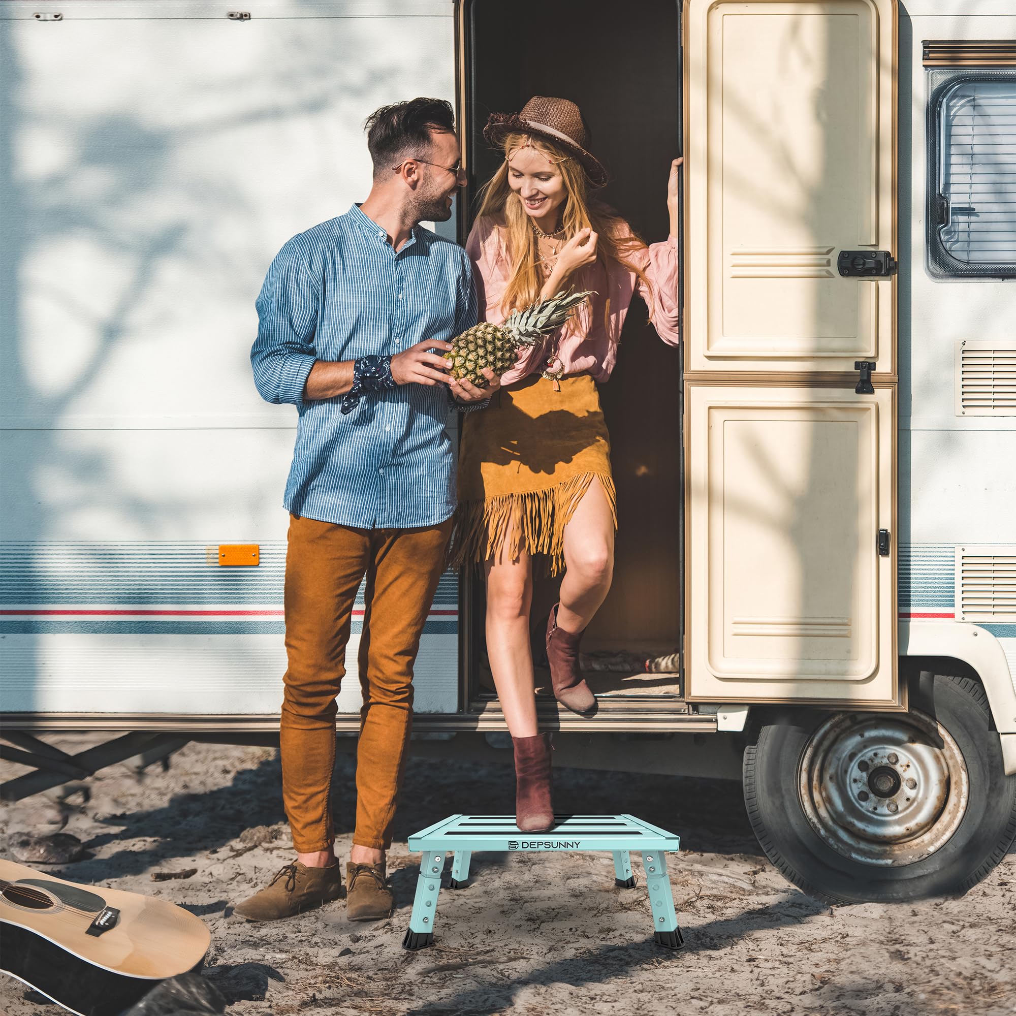 DEPSUNNY step in use at RV entry providing easier boarding benefit