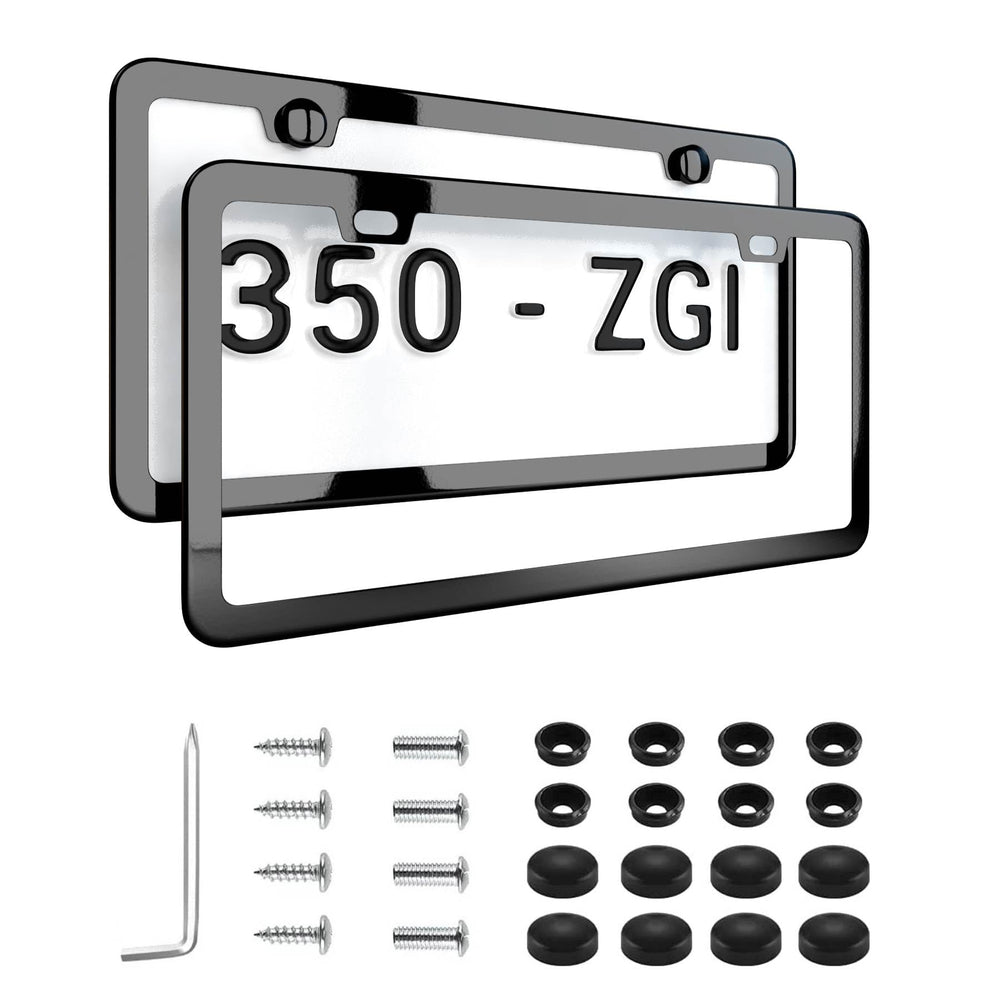 Deselen front view license plate frame showing sleek black and chrome finish benefit upgrade