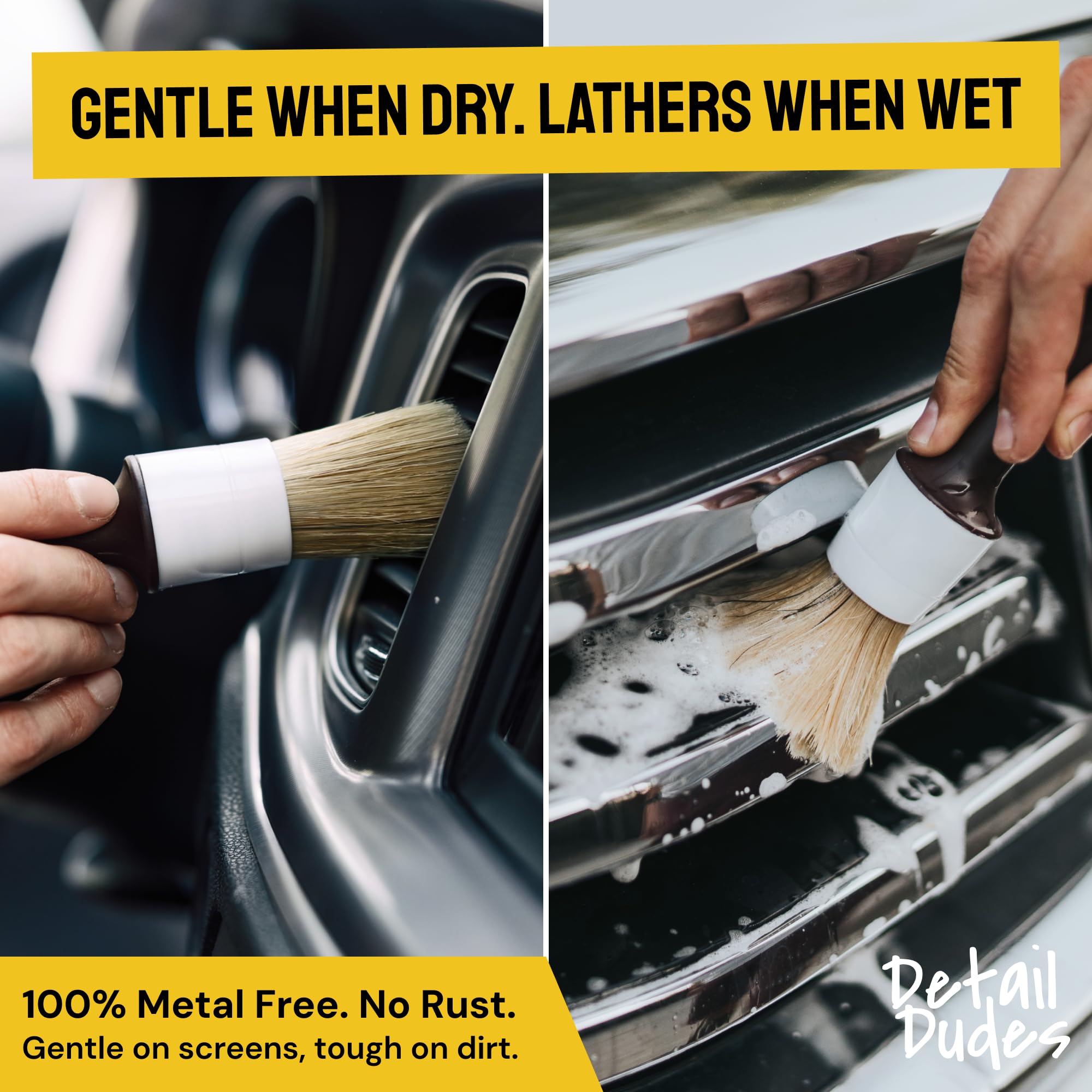 Detail Dudes metal-free handle showing water-resistant, rust-free build