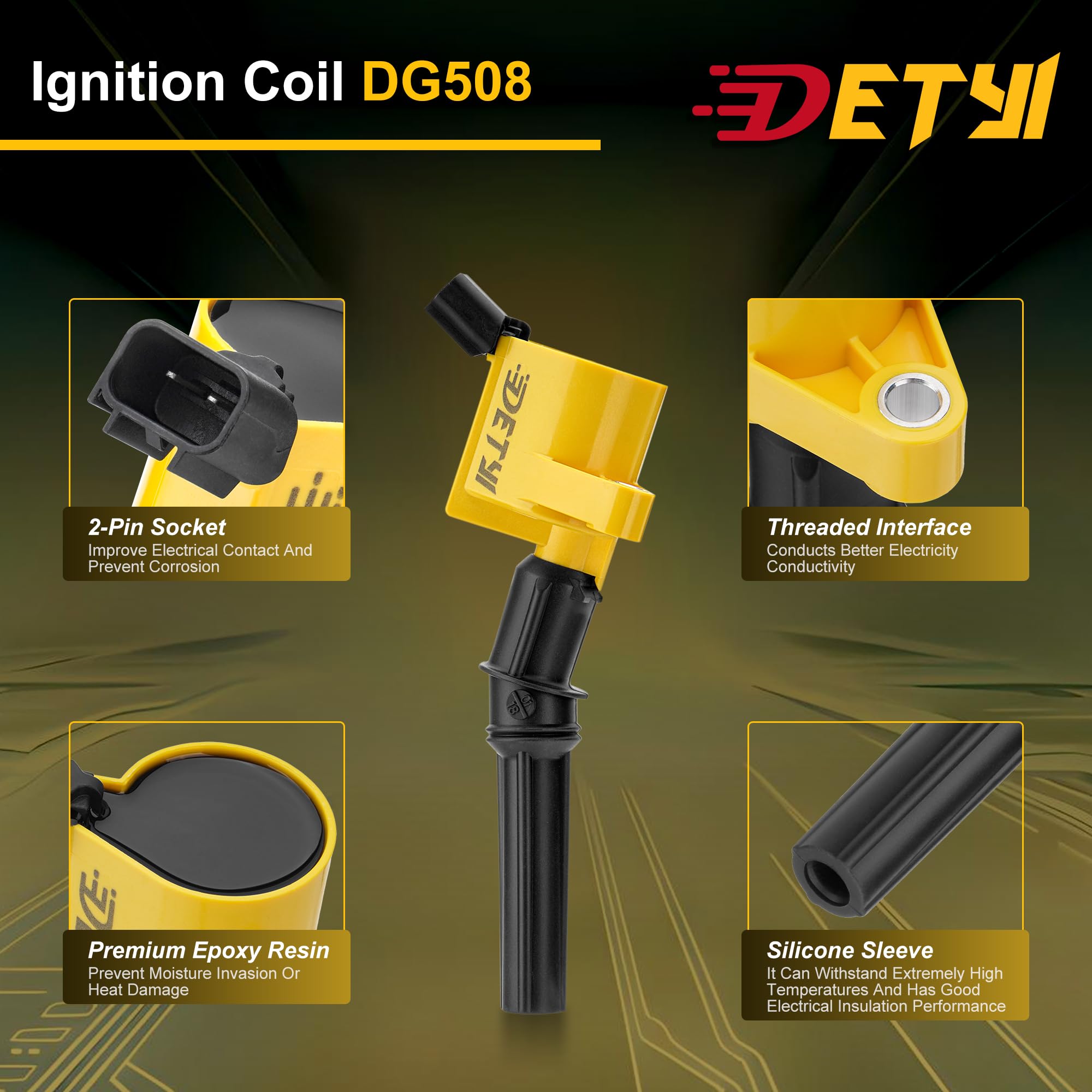 DETYI kit components arranged to show eight coils and eight plugs for full-bank replacement