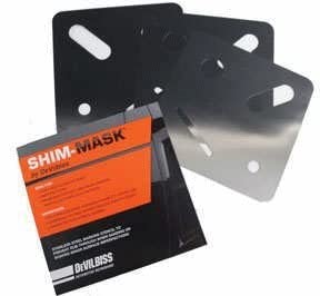 DeVilbiss shim mask front view showing durable stainless steel for precise masking