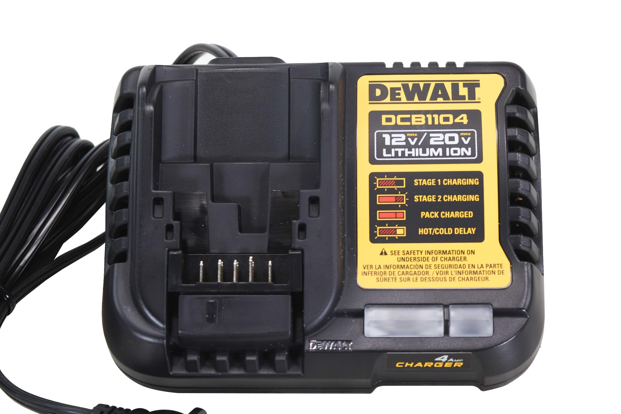 DEWALT DCB1104 LED indicator close-up showing charge and fault notifications for clarity