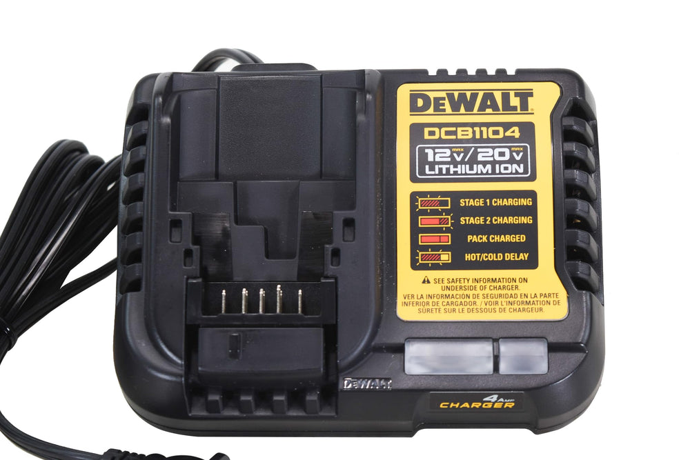 DEWALT DCB1104 LED indicator close-up showing charge and fault notifications for clarity