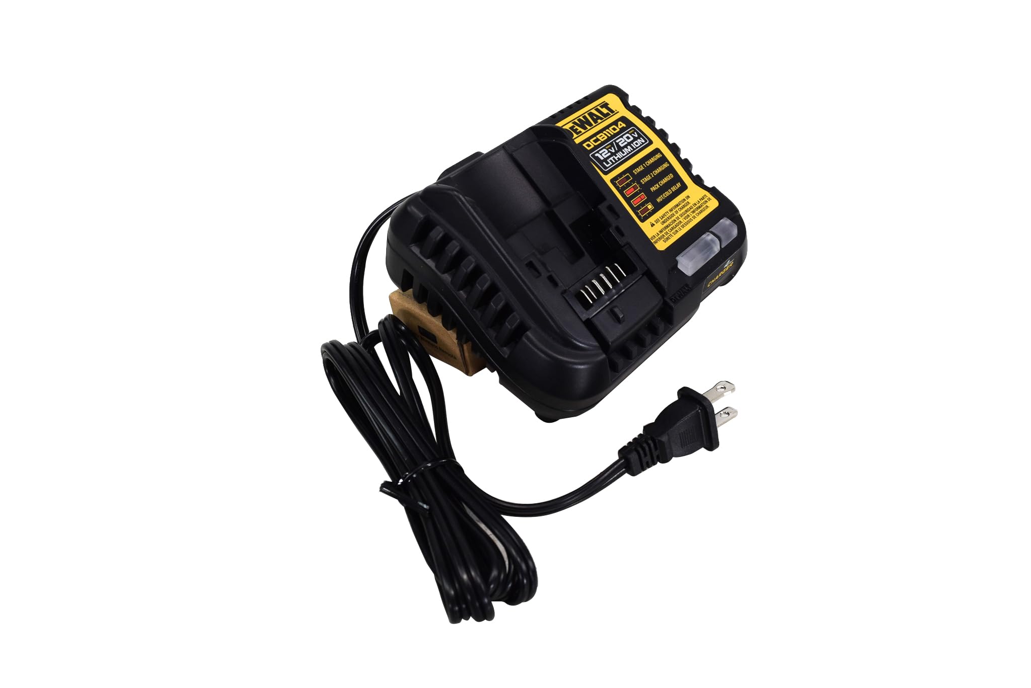 DEWALT DCB1104 with 12V and 20V batteries showing compatibility and size comparison