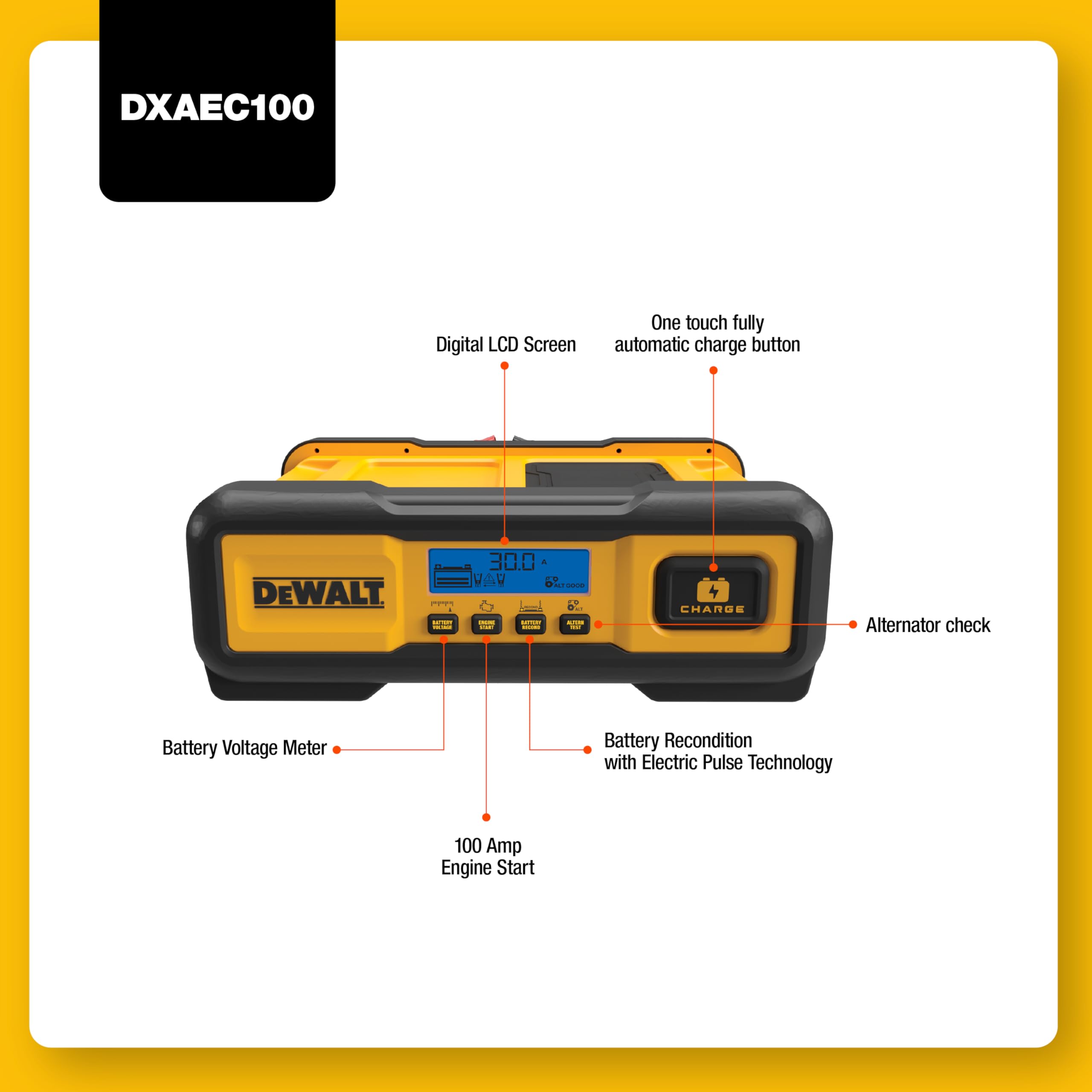DEWALT providing 100A engine start boost to a vehicle battery for quick starts