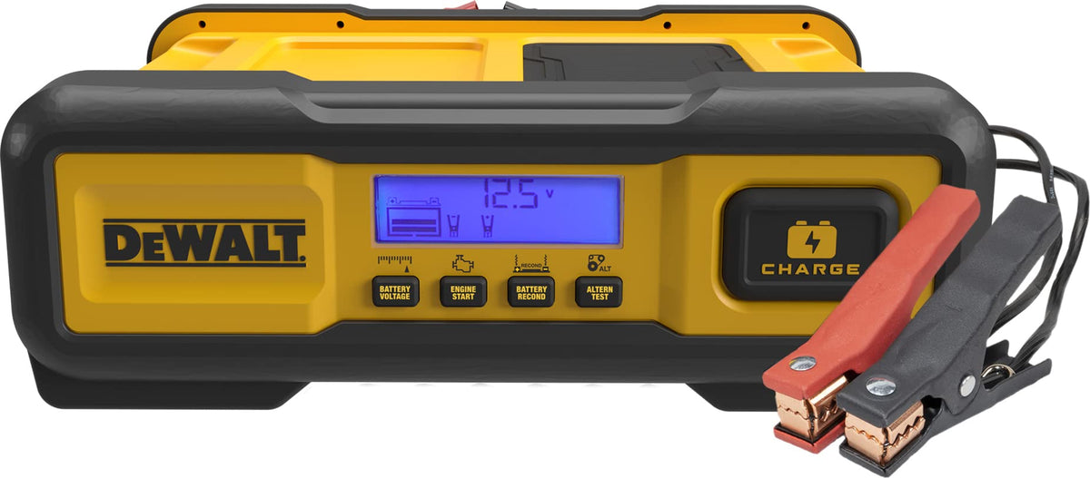 DEWALT front panel showing controls and robust housing, reliable workshop charging