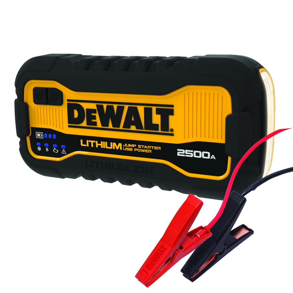 DEWALT carrying case open with jump starter and accessories organized for transport