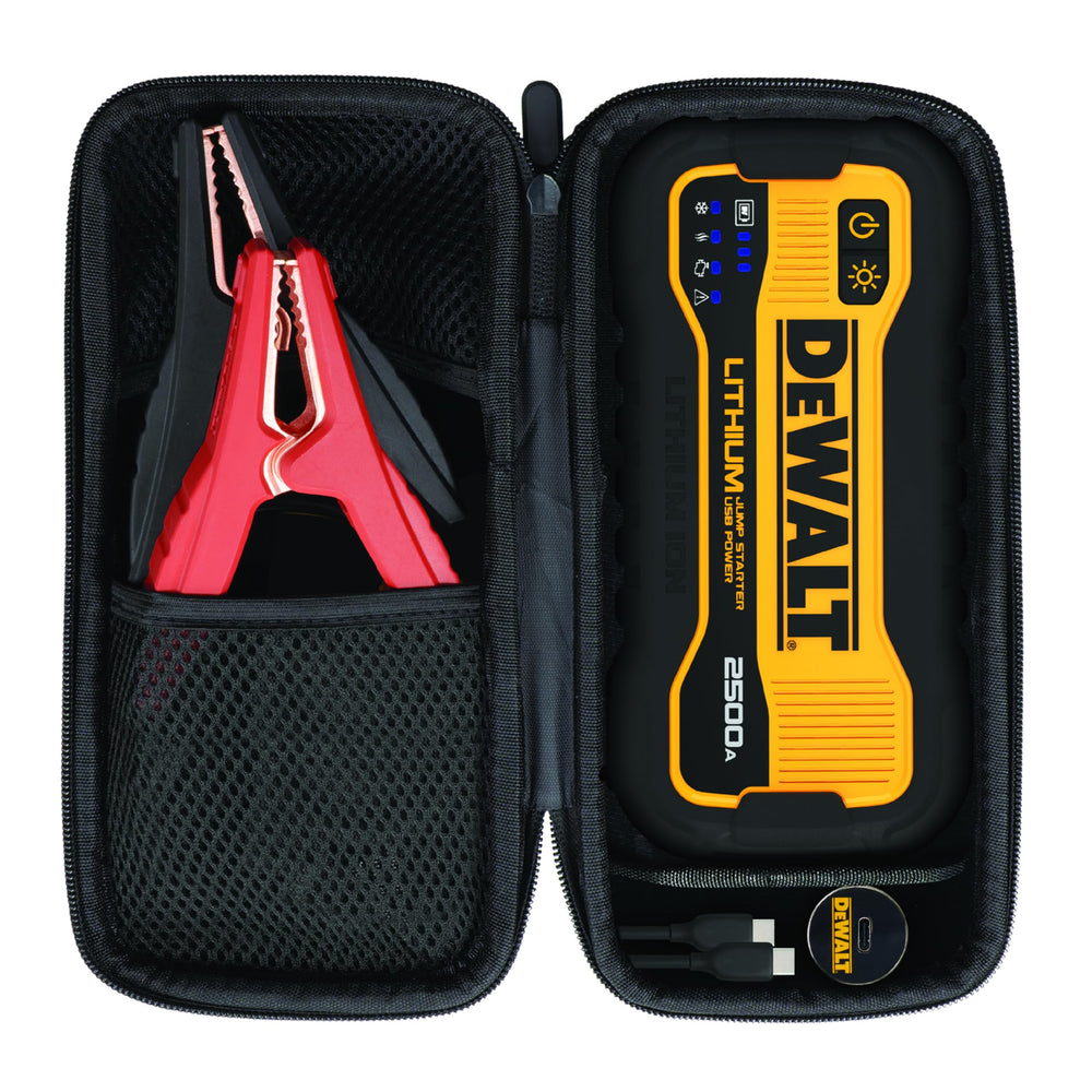 DEWALT jump starter placed in car trunk demonstrating convenient vehicle storage