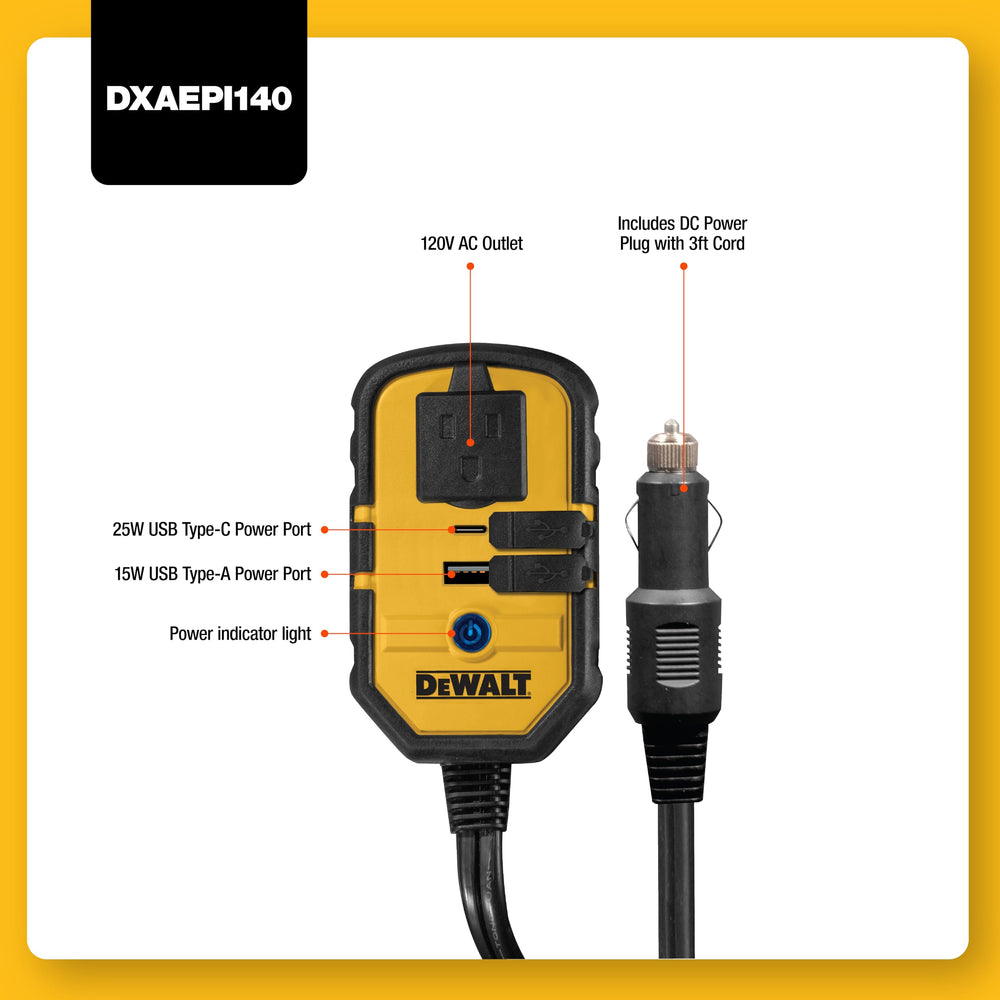 DEWALT AC outlet close-up on DXAEPI140 showing durable socket for running small tools