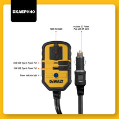 DEWALT AC outlet close-up on DXAEPI140 showing durable socket for running small tools