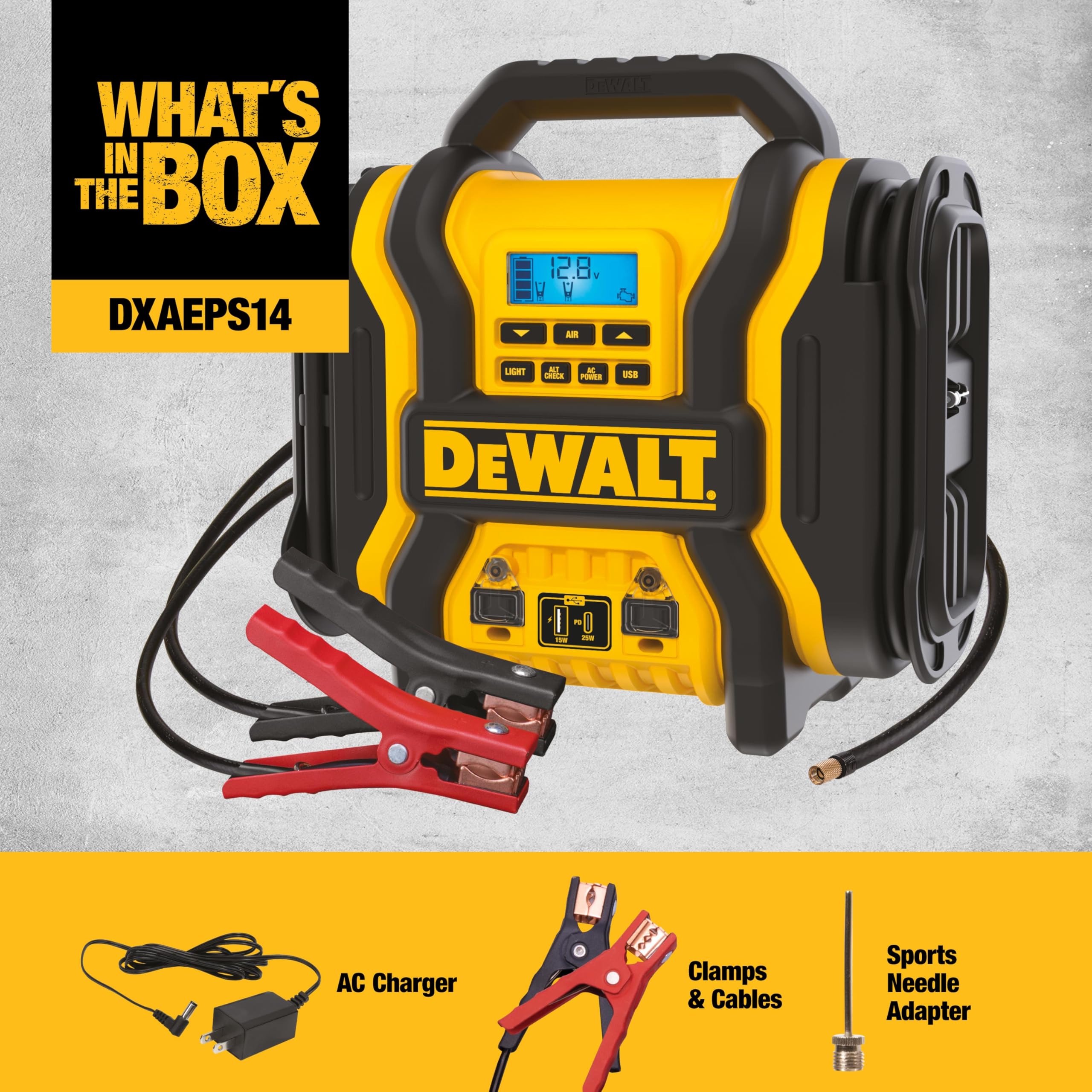 DEWALT DXAEPS14 next to a hand to show portable scale and trunk-ready size