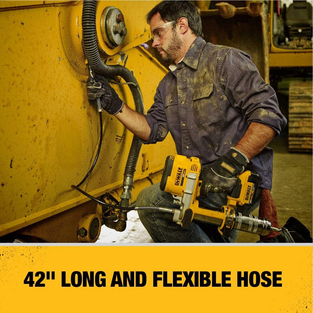 DEWALT grease gun integrated foot resting on flat surface for hands-free benefit