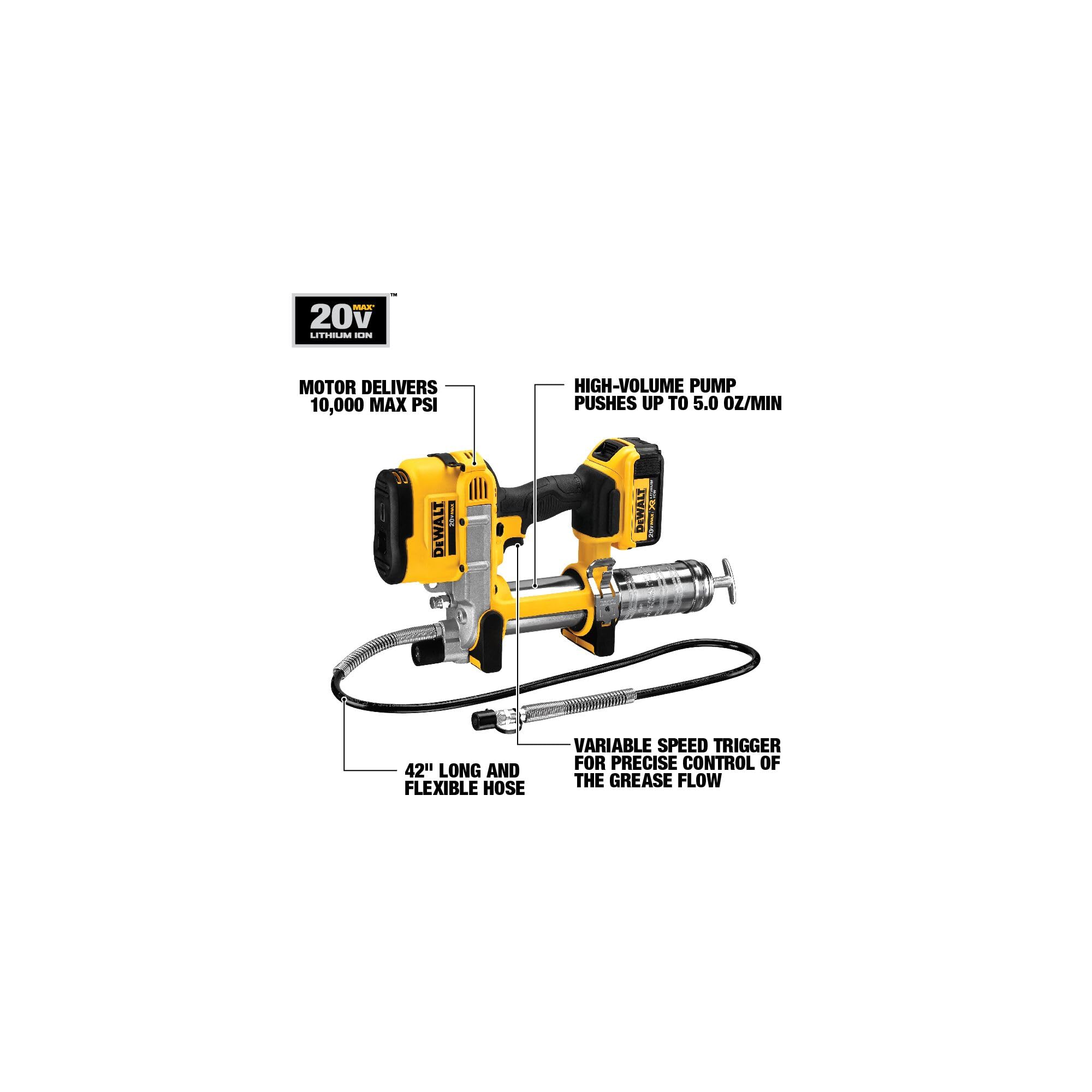 DEWALT grease gun 42-inch hose detail that reaches tight fittings benefit