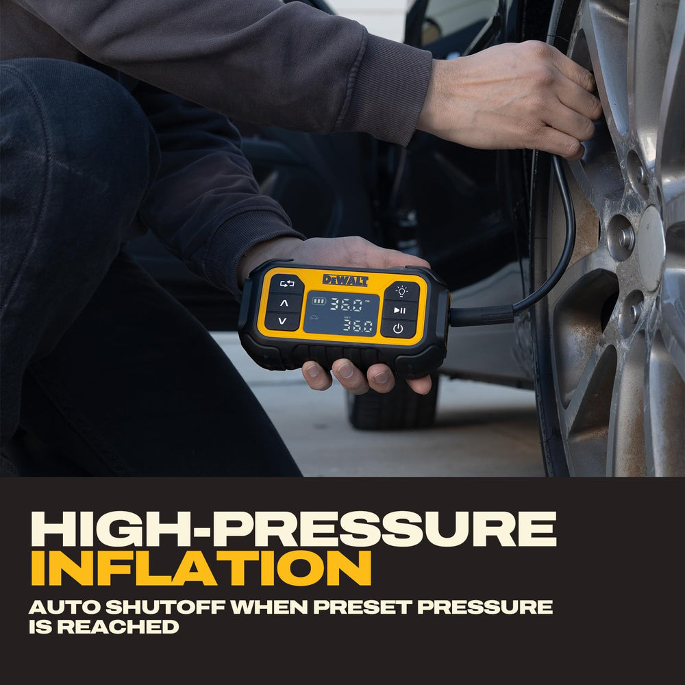 DEWALT air hose and adapters laid out for versatile inflation tasks