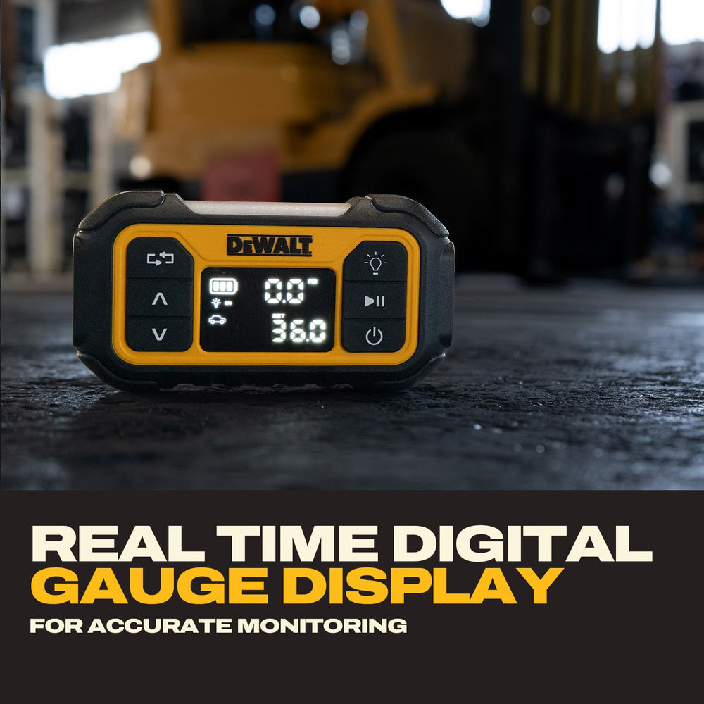 DEWALT inflating a car tire quickly and safely roadside with auto shut-off