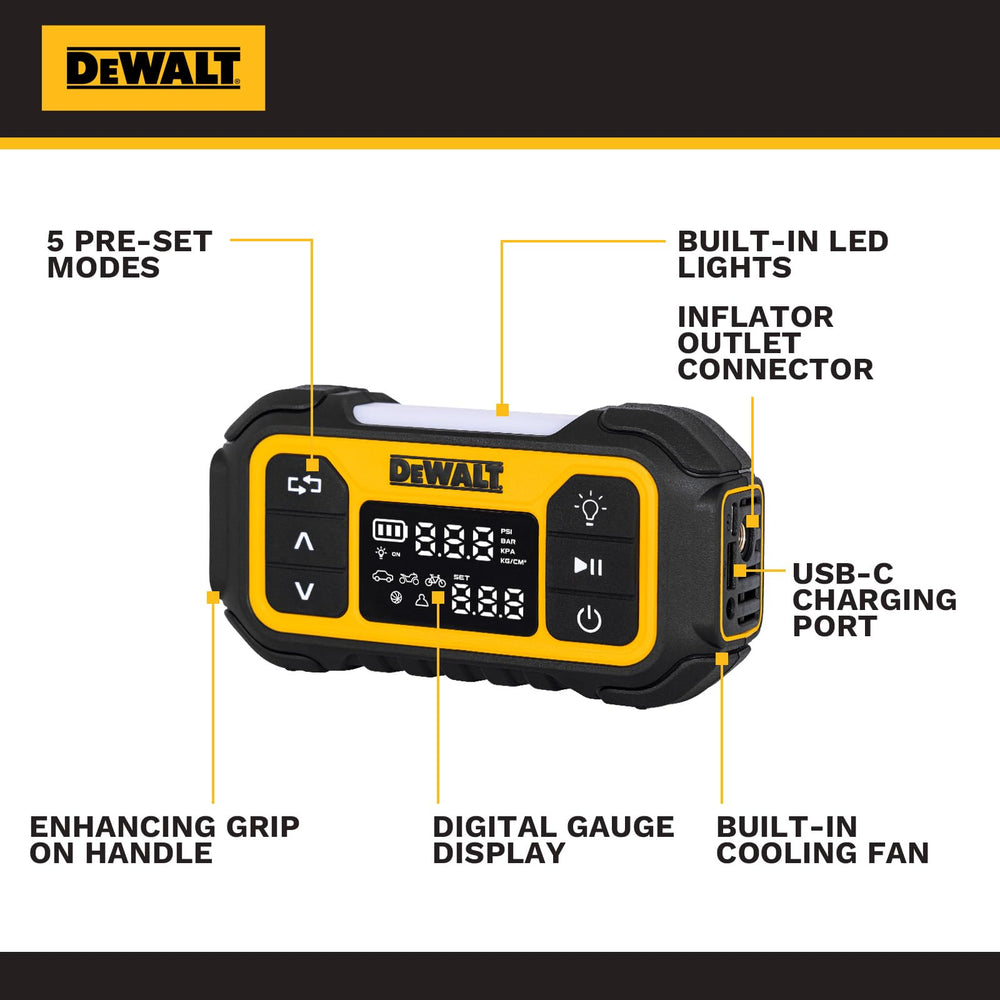 DEWALT LED light illuminating a tire at night for safer evening use