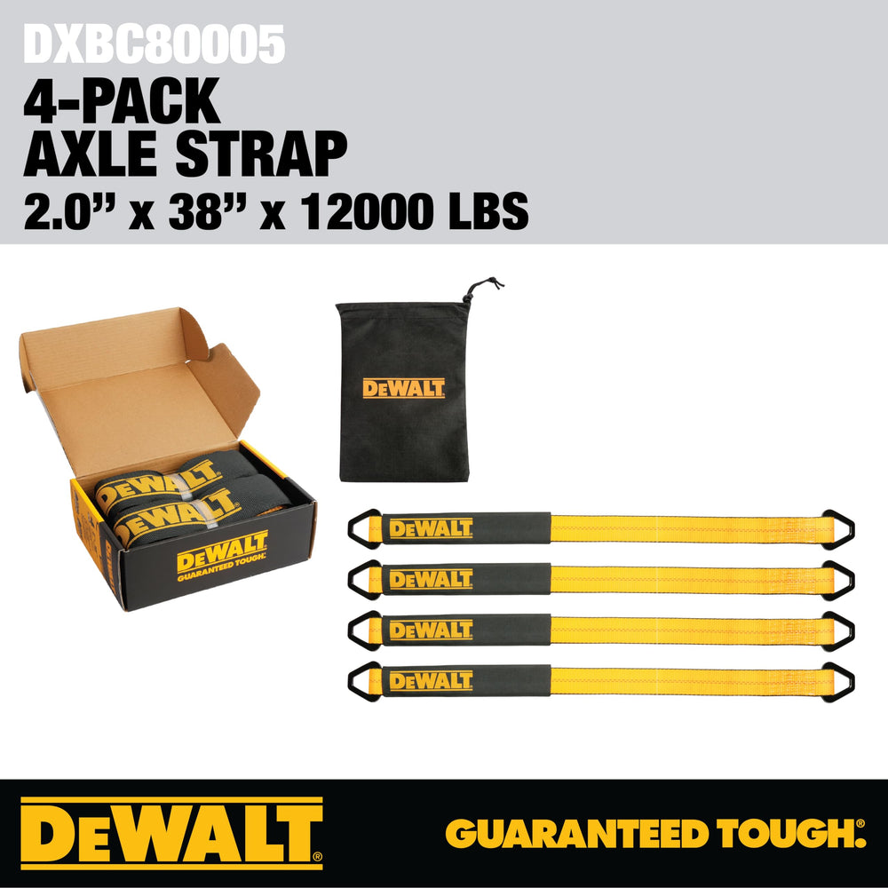 DEWALT strap beside ruler for size scale, clear 2"×38" dimensions for fit assessment
