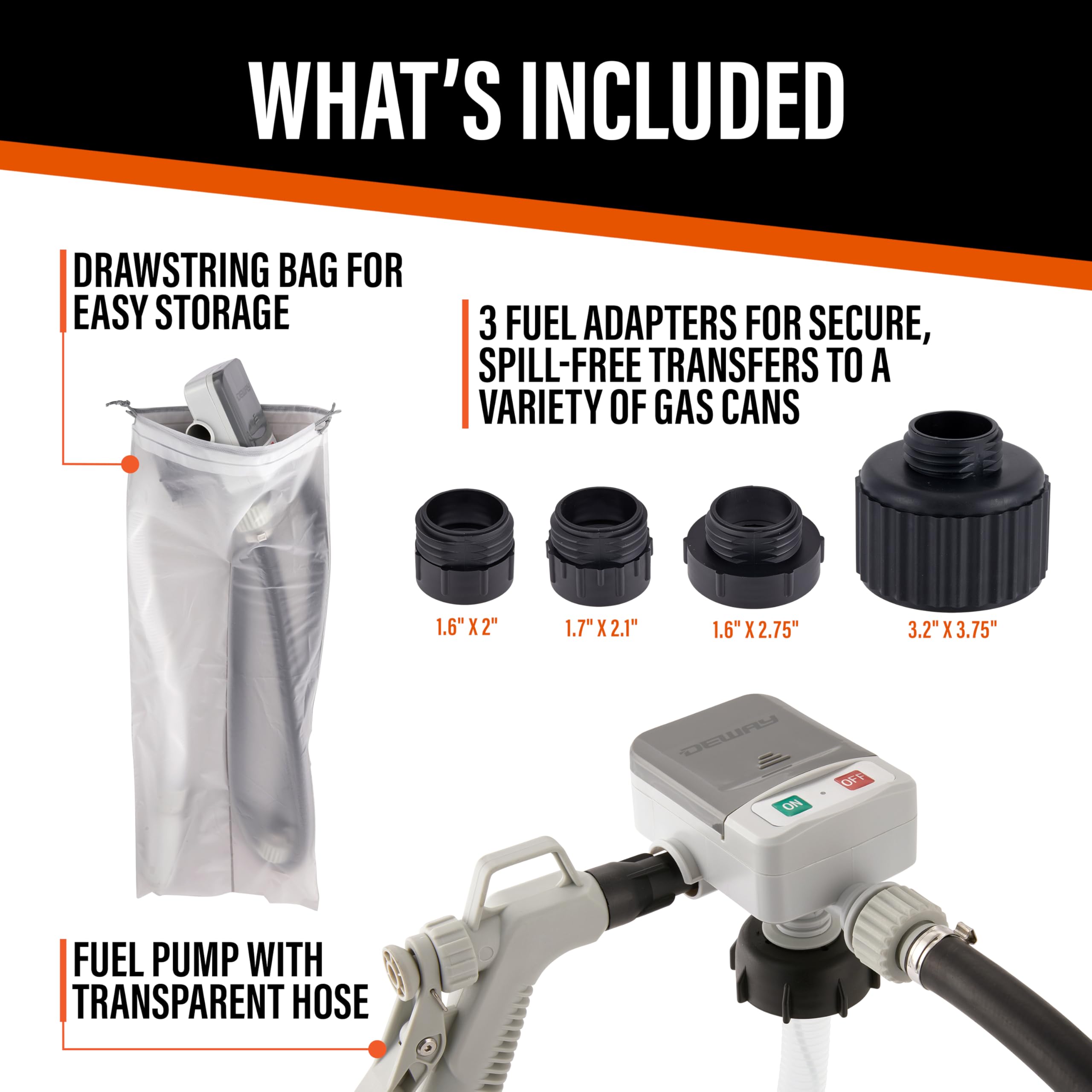 DEWAY three adapters displayed showing wide gas-can compatibility