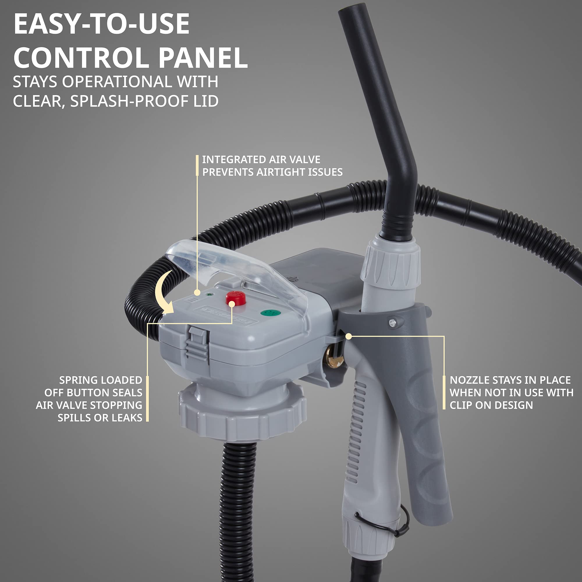 DEWAY pump screwed onto standard gas can to prevent spills