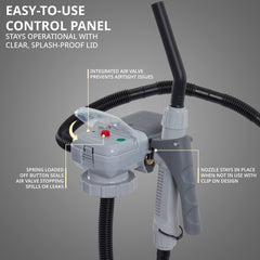 DEWAY pump screwed onto standard gas can to prevent spills