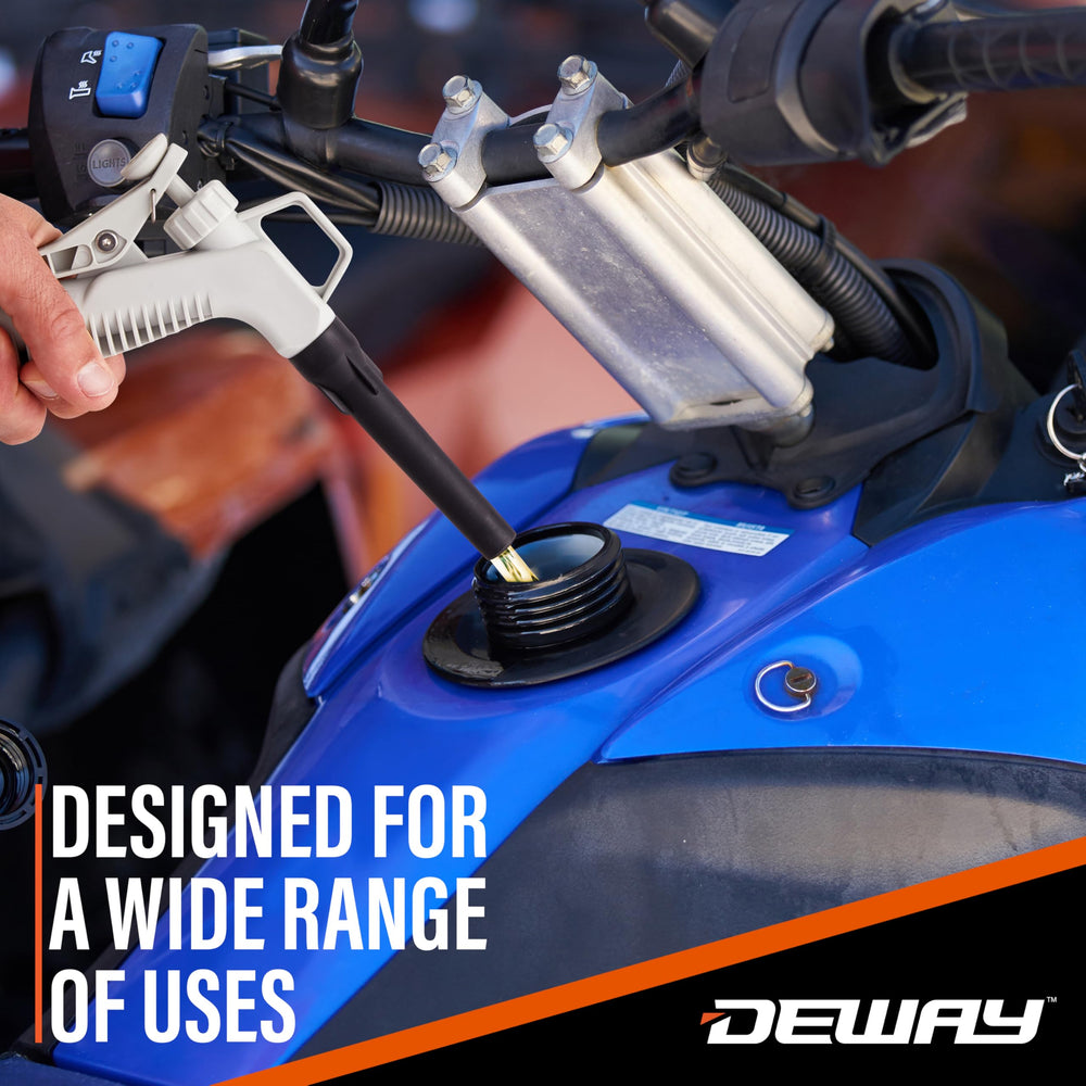 DEWAY pump mounted on gas can lid showing hands-free placement convenience