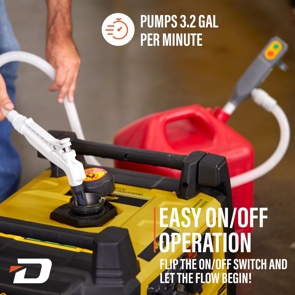 DEWAY pump refueling lawn mower demonstrating fast, clean equipment fill-ups