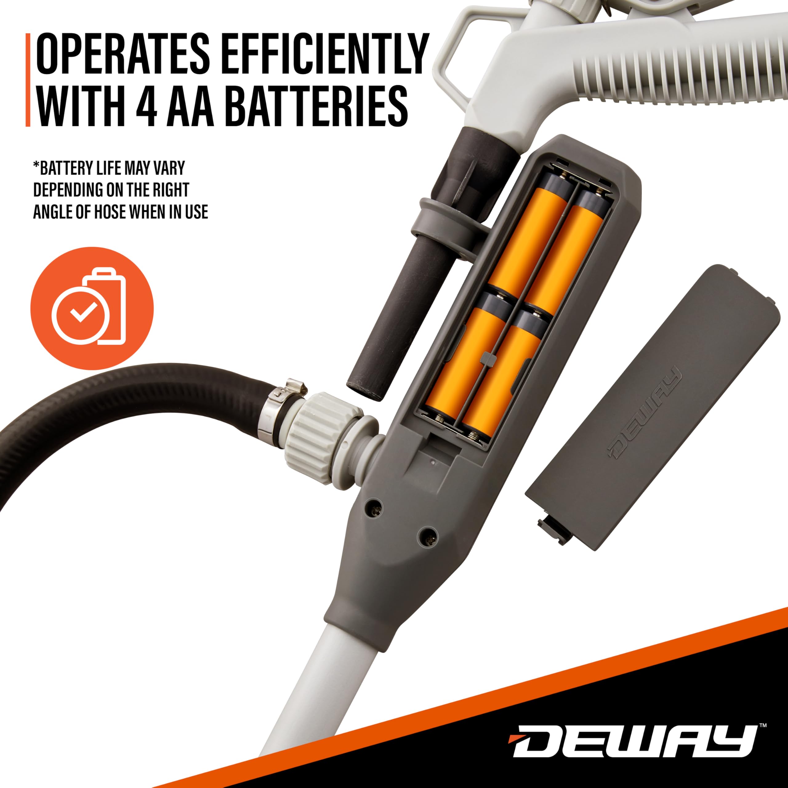 DEWAY pump refueling a lawnmower illustrating fast hands-free filling benefit