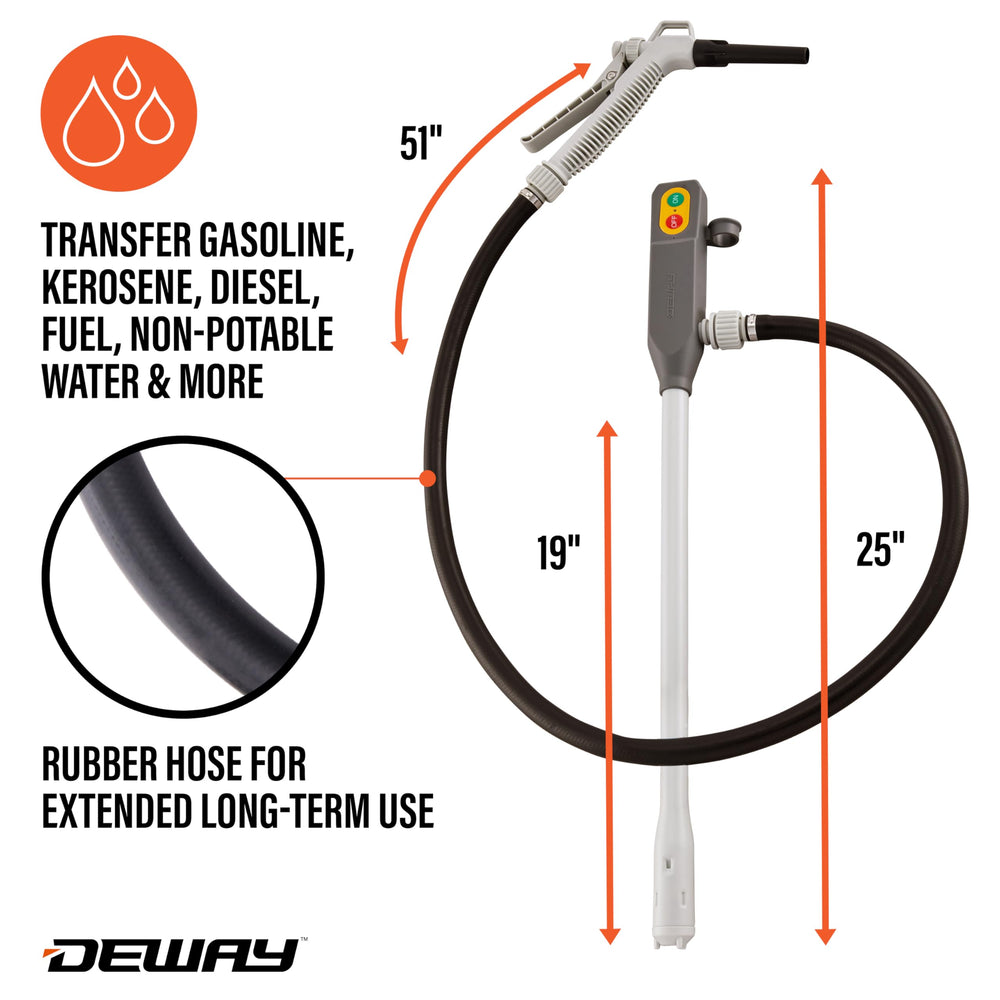 DEWAY pump held in hand with hose for size comparison and portability benefit