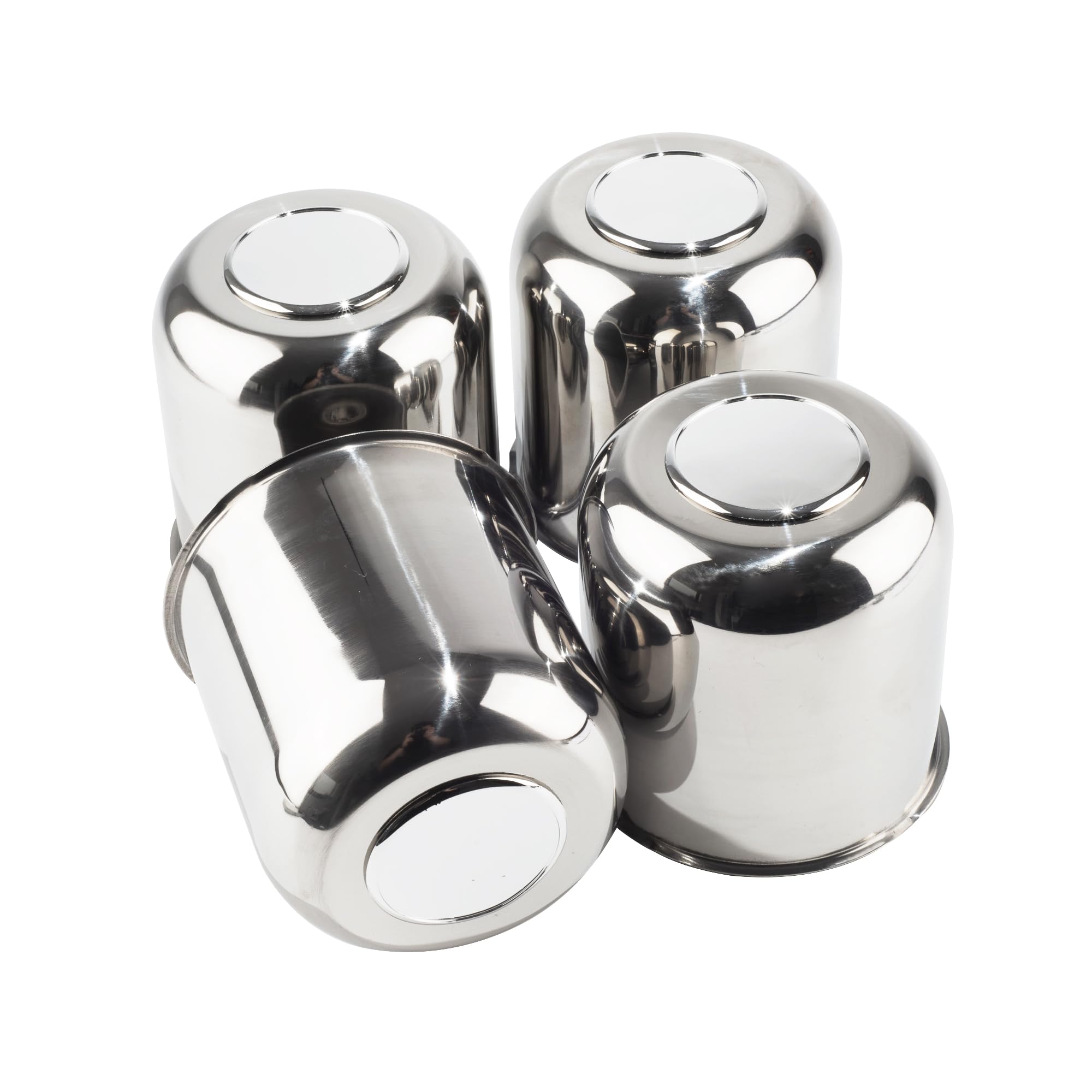 DewFlew front view of chrome center caps showing polished face and clean finish benefit