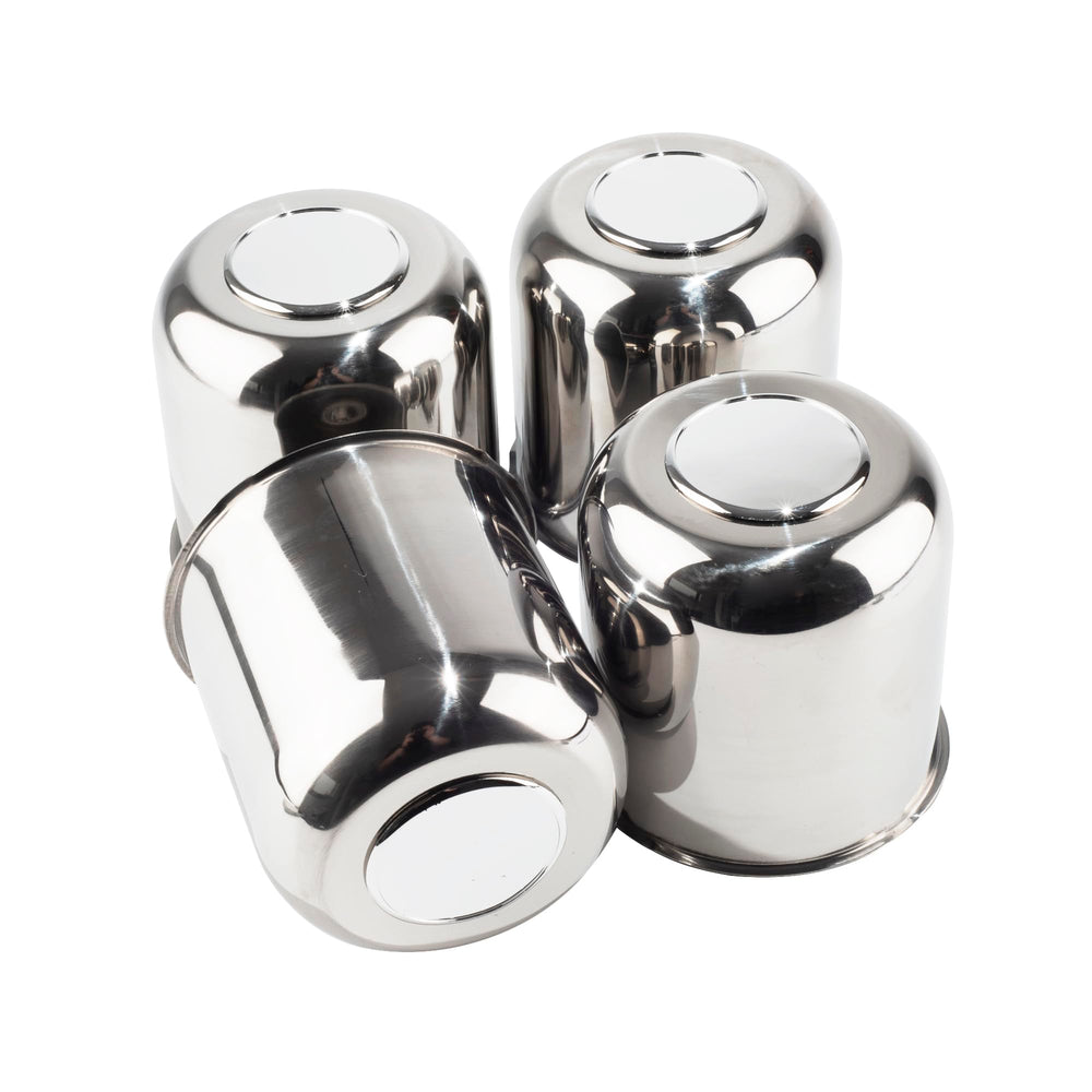 DewFlew front view of chrome center caps showing polished face and clean finish benefit