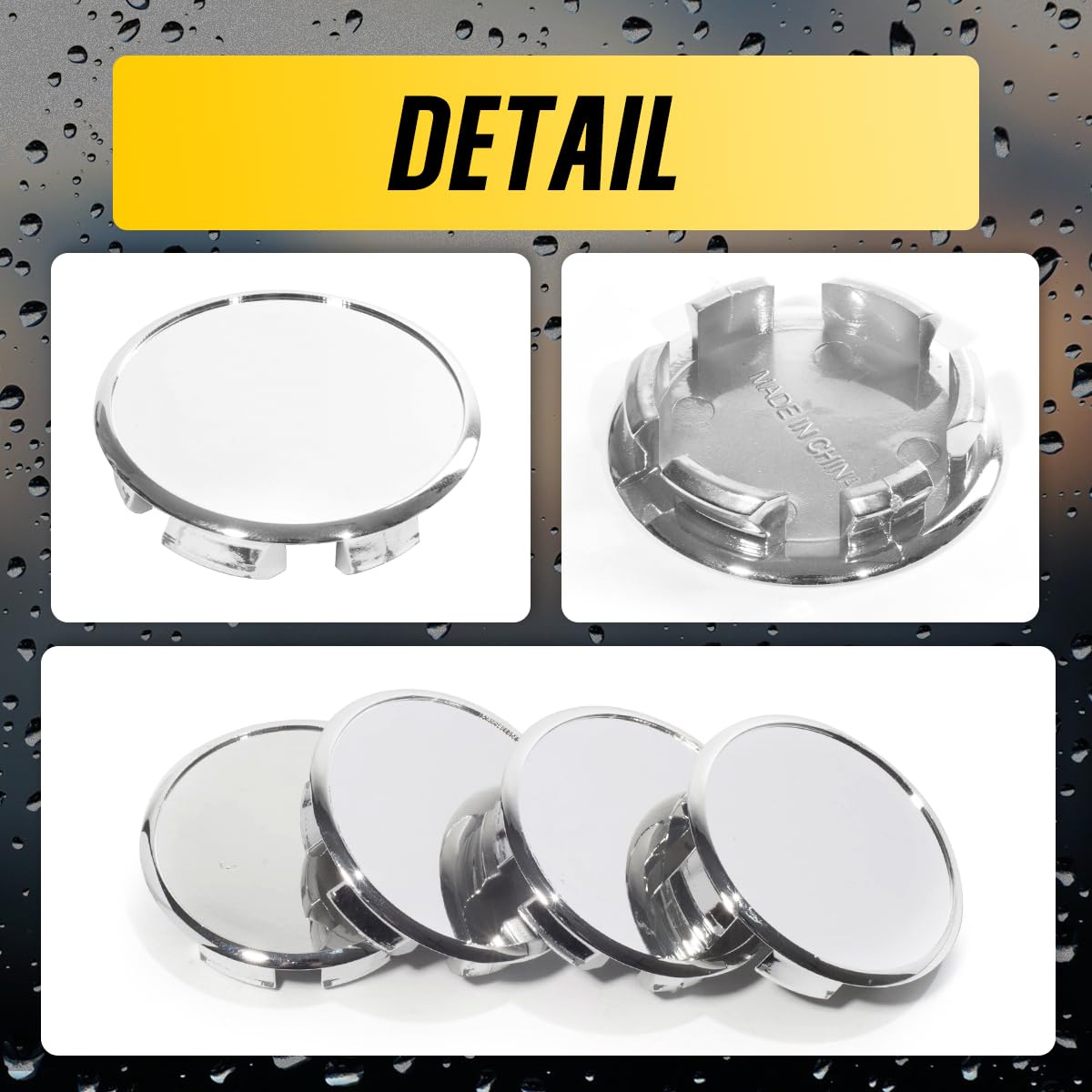 DewFlew lifestyle garage shot of wheel with cap showing polished center benefit