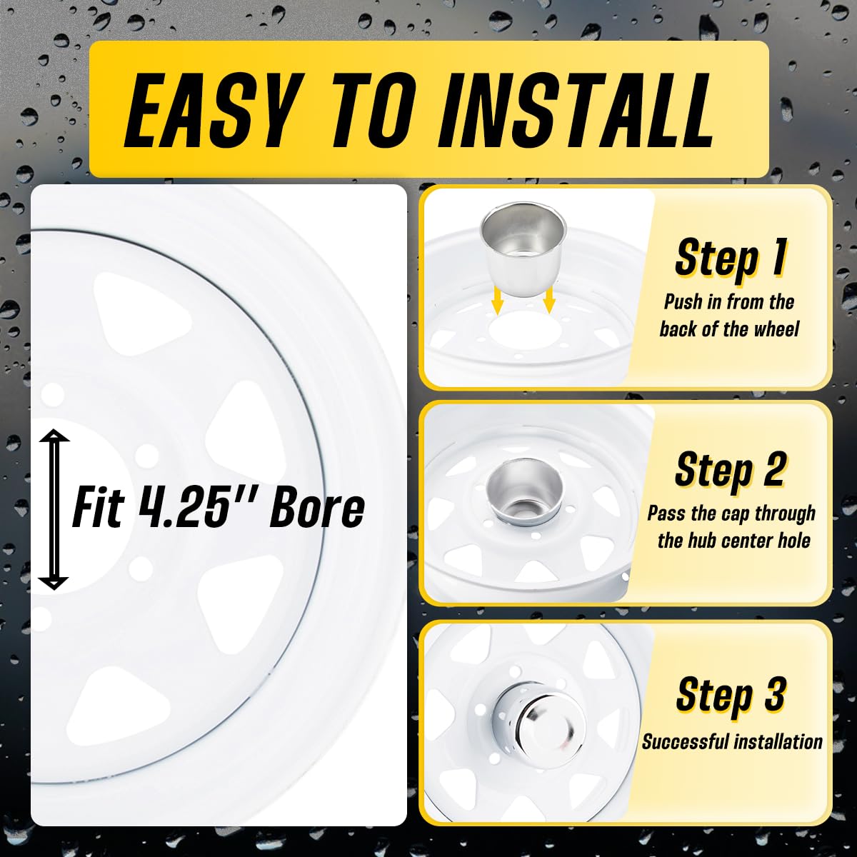 DewFlew snap-in plastic center plug detail showing easy replacement benefit