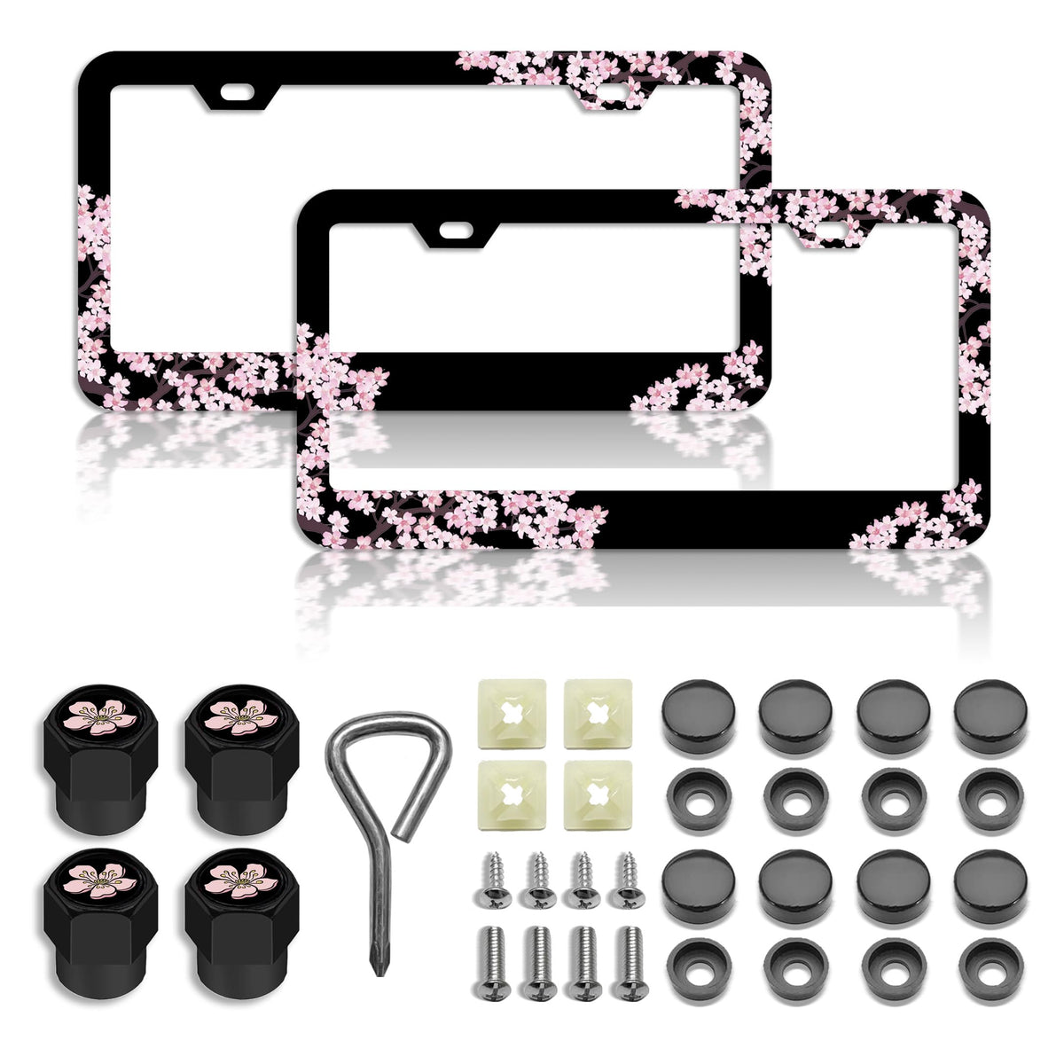 DGDRHZ front view of pink cherry blossoms steel license plate frame, durable style