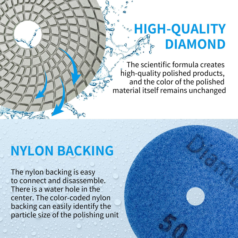DiamDr pads in use with angle grinder polishing tile for high gloss