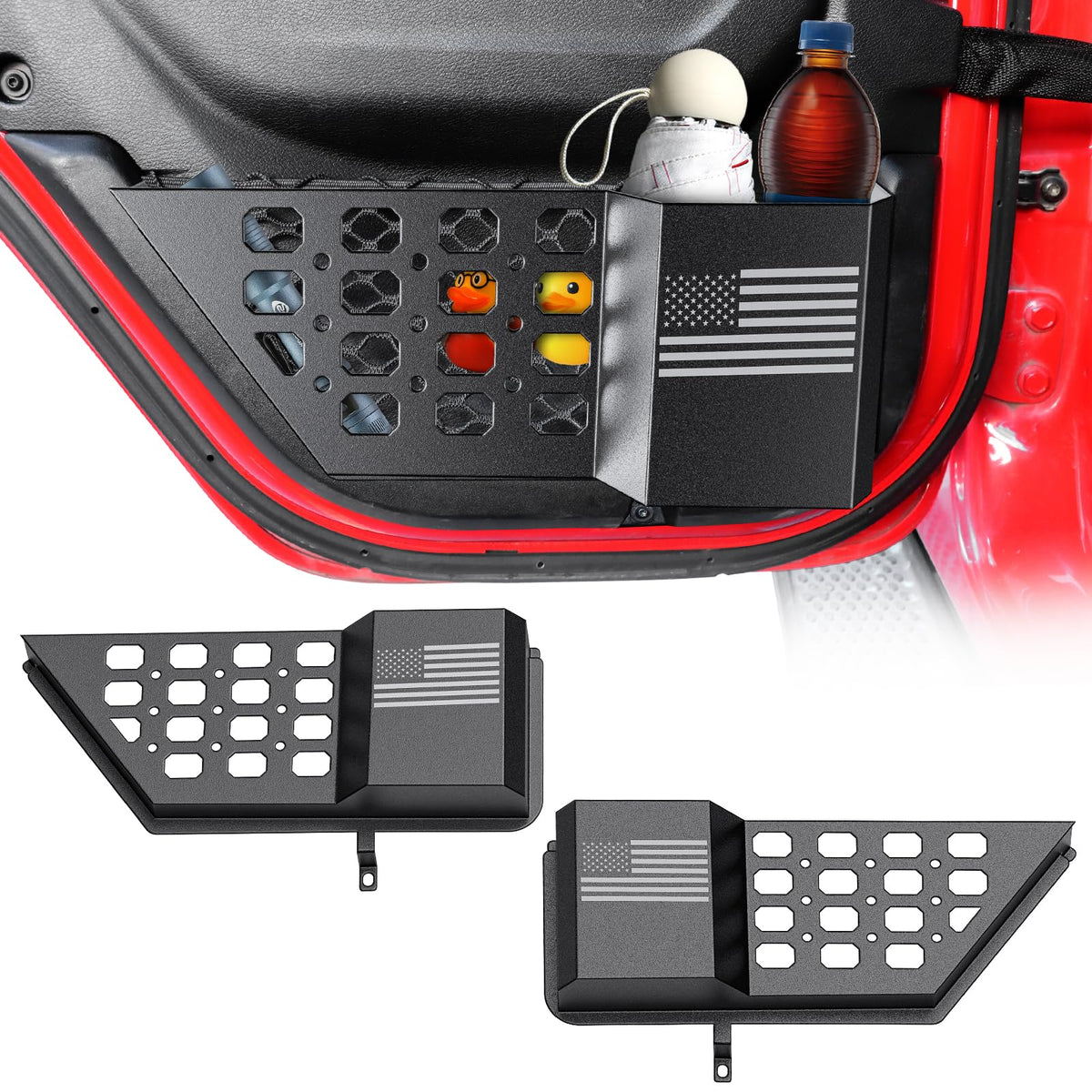 DIAMOOKY front view installed on Jeep Wrangler rear door showing tidy storage