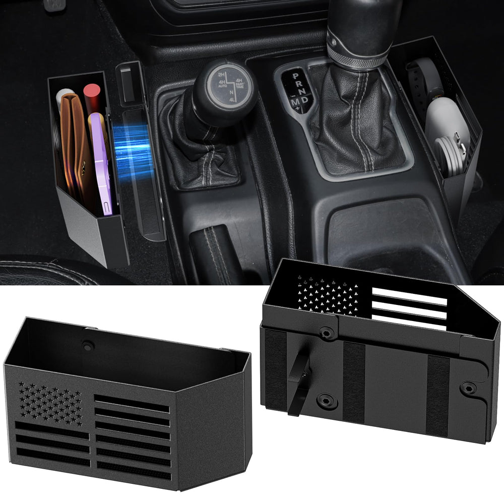 DIAMOOKY front view installed in Jeep center console, tidy storage benefit