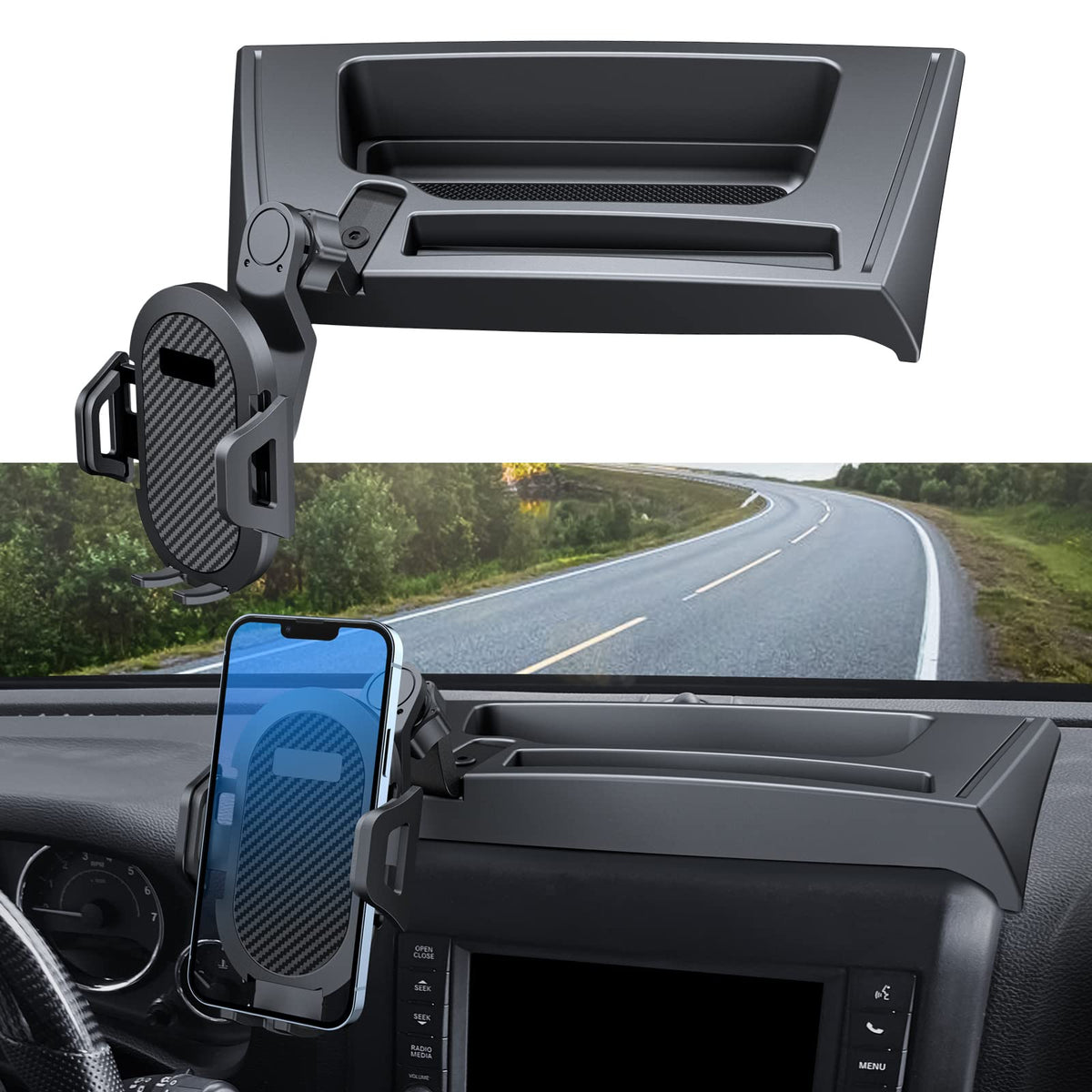 DIAMOOKY front view mounted on Wrangler dash showing secure fit and organization