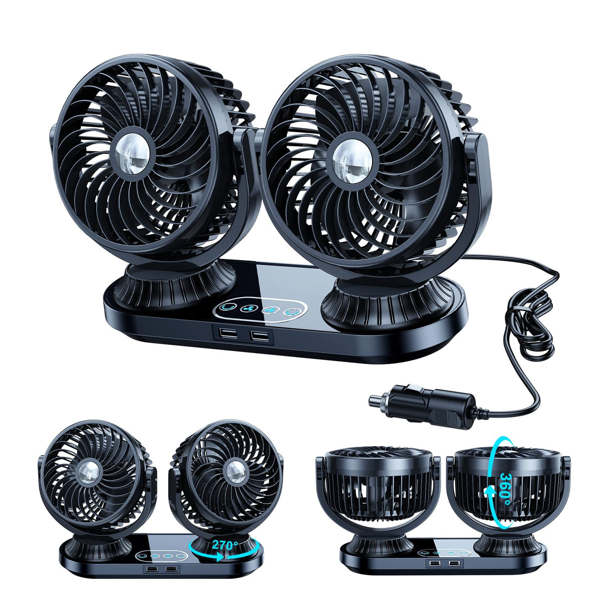 DICMKY front view of dual-head dashboard fan showing wide airflow benefit