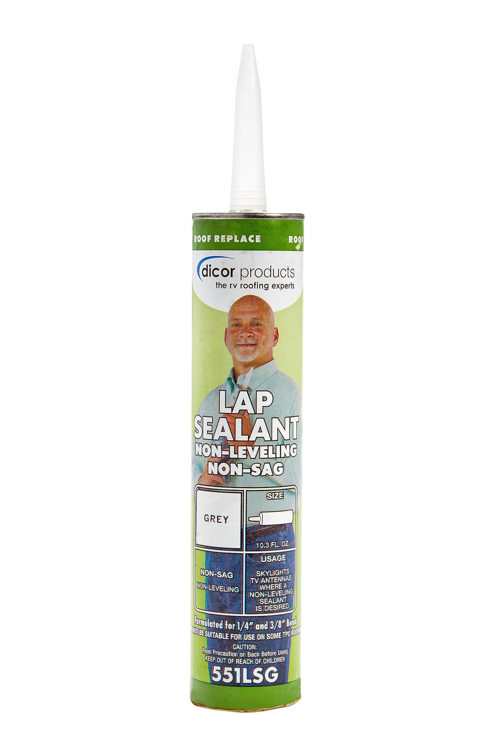 Dicor lap sealant front view showing label and grey color benefit