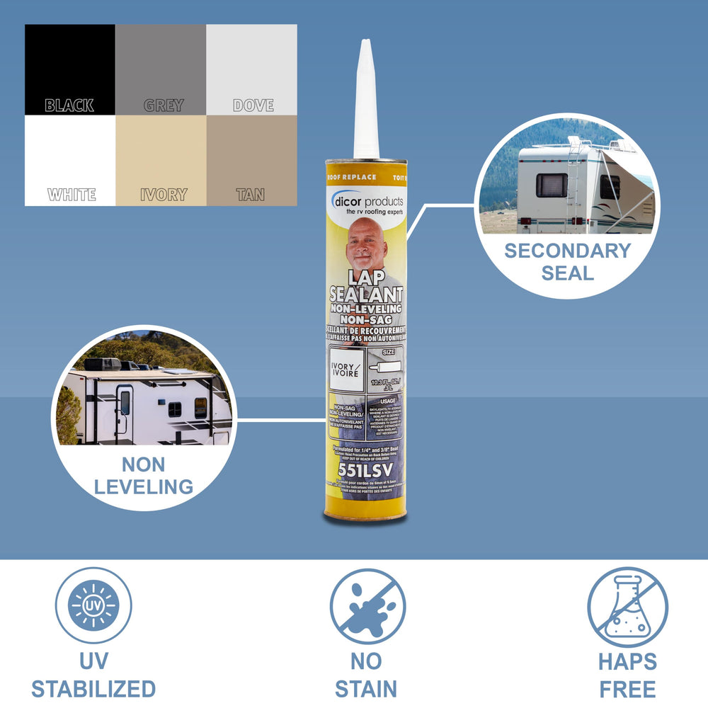 Dicor sealed screw head on RV roof offering corrosion protection and watertight seal