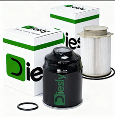 Diesly engine-mounted fuel filter front view showing fit and easy replacement benefit