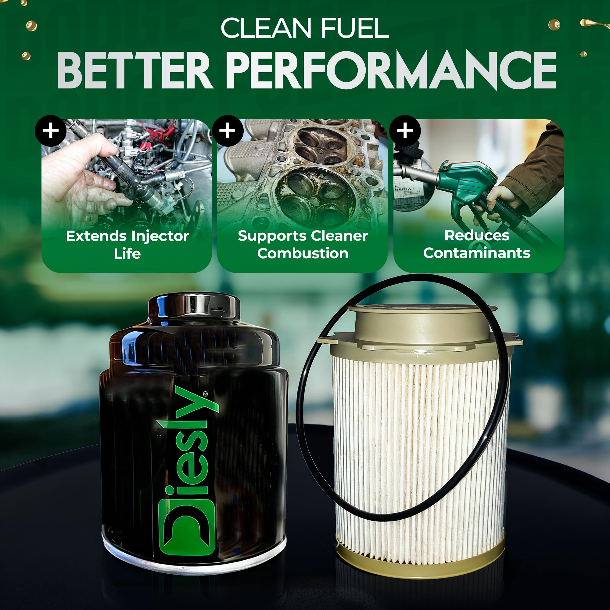 Diesly filter media close-up showing 3-micron filtration that protects injectors