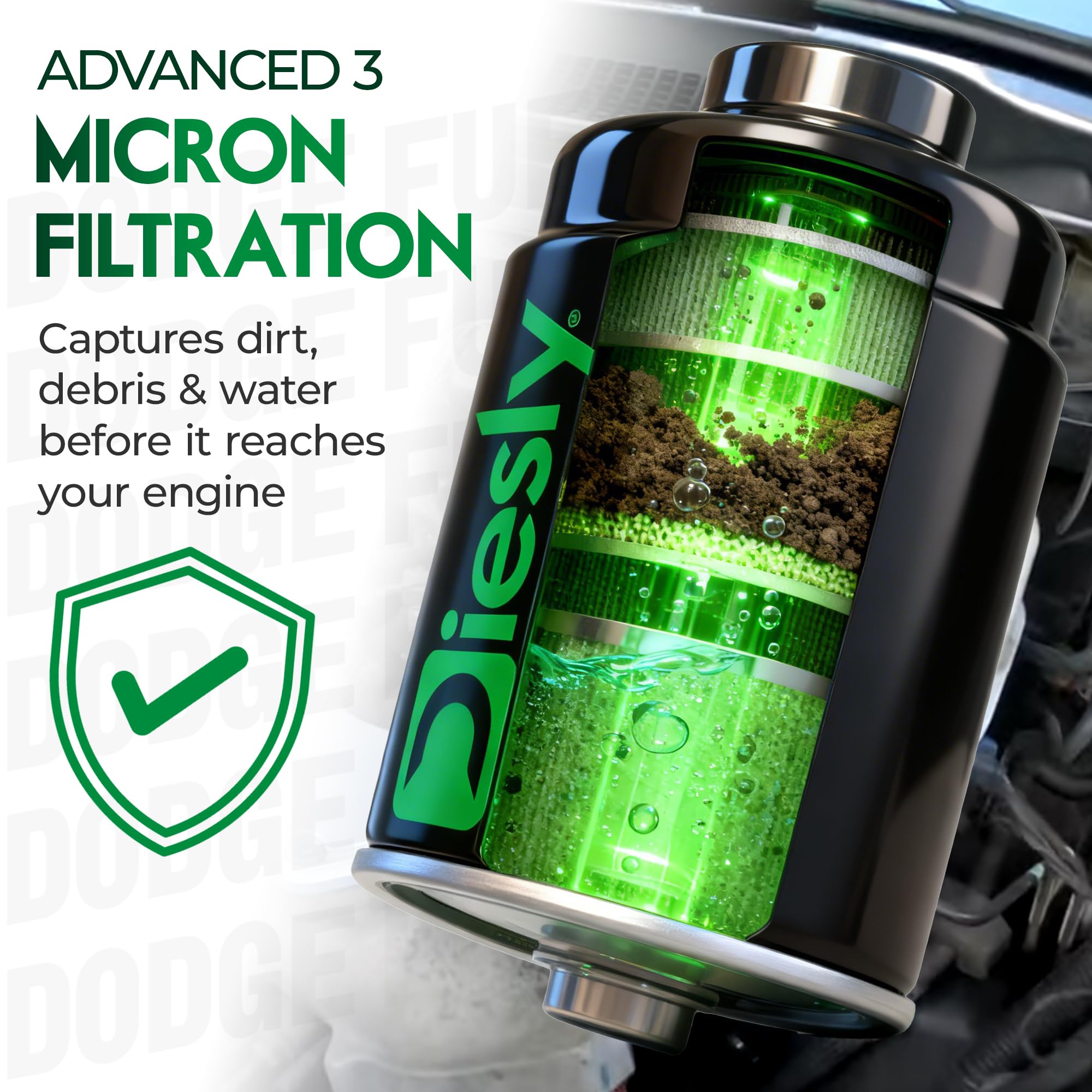 Diesly filter held in hand to show scale and quick-fit replacement convenience